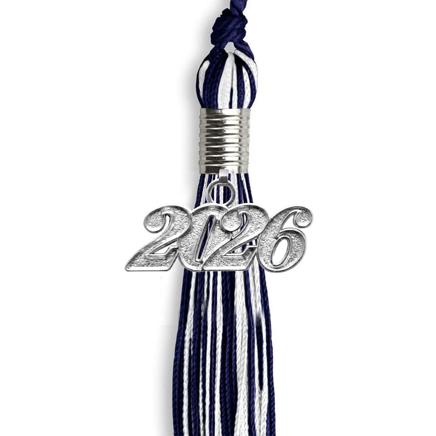 Navy Blue/White Mixed Color Graduation Tassel with Silver Date Drop - Endea Graduation