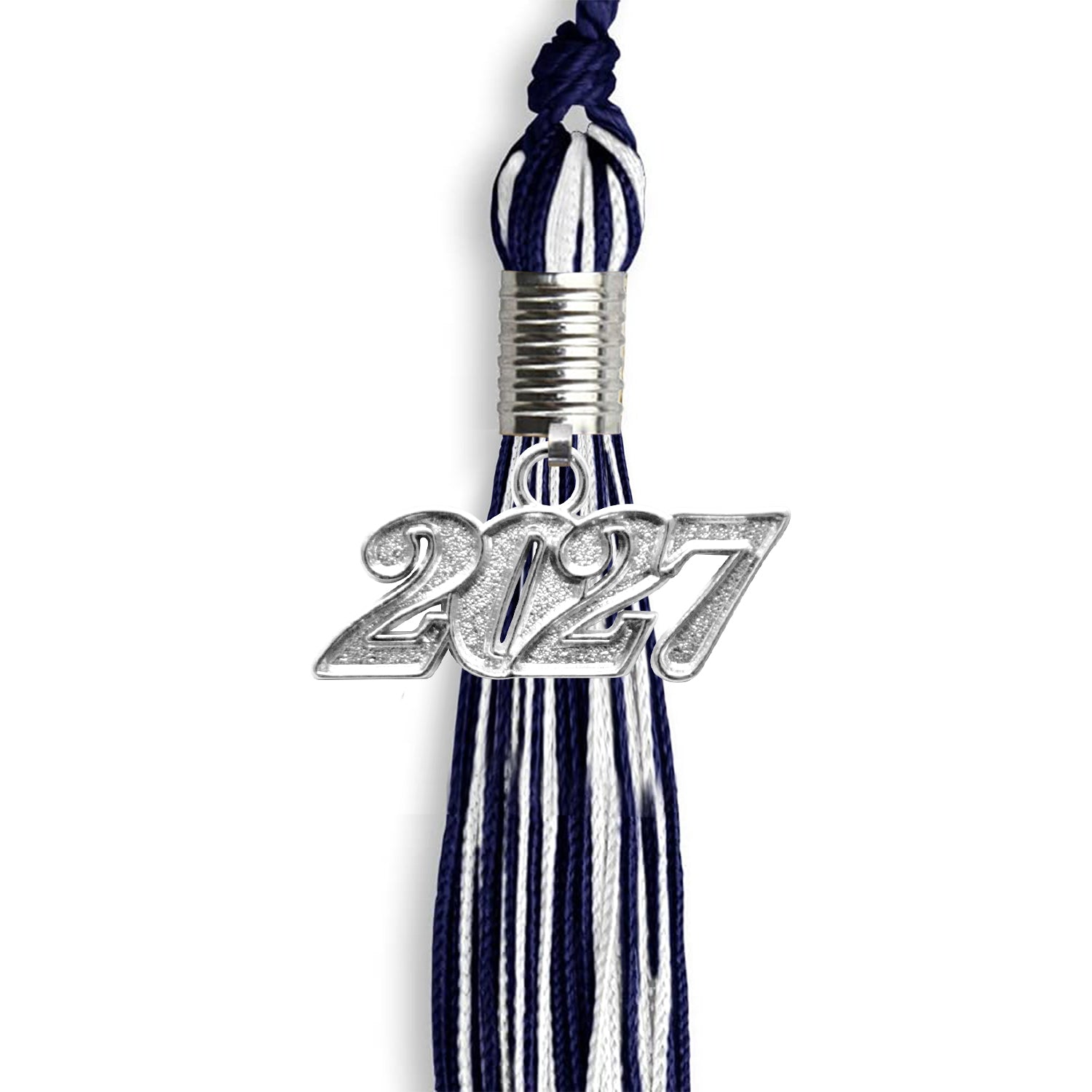 Navy Blue/White Mixed Color Graduation Tassel with Silver Date Drop - Endea Graduation