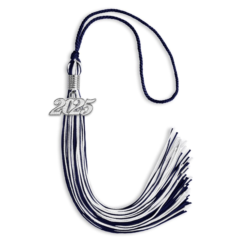 Navy Blue/White Mixed Color Graduation Tassel with Silver Date Drop - Endea Graduation