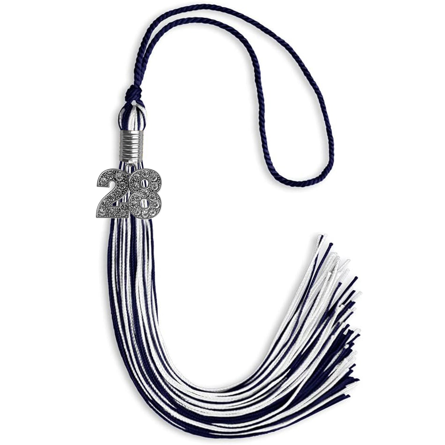 Navy Blue/White Mixed Color Graduation Tassel with Silver Date Drop - Endea Graduation