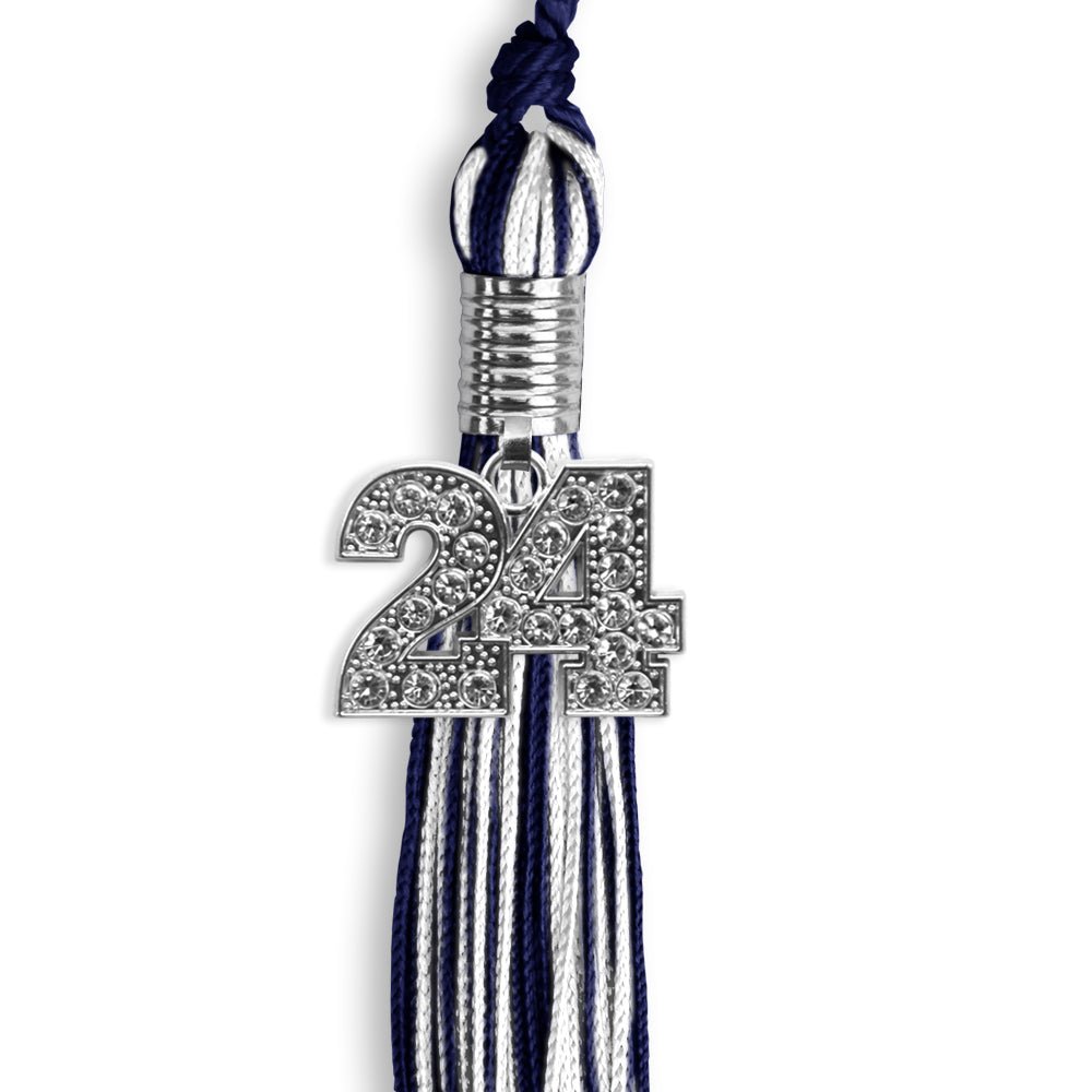 Navy Blue/White Mixed Color Graduation Tassel with Silver Date Drop - Endea Graduation