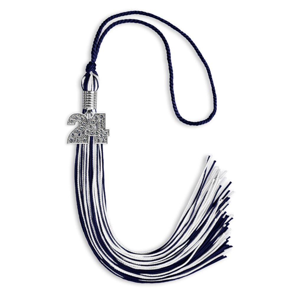 Navy Blue/White Mixed Color Graduation Tassel with Silver Date Drop - Endea Graduation