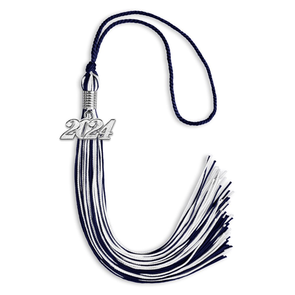 Navy Blue/White Mixed Color Graduation Tassel with Silver Date Drop - Endea Graduation