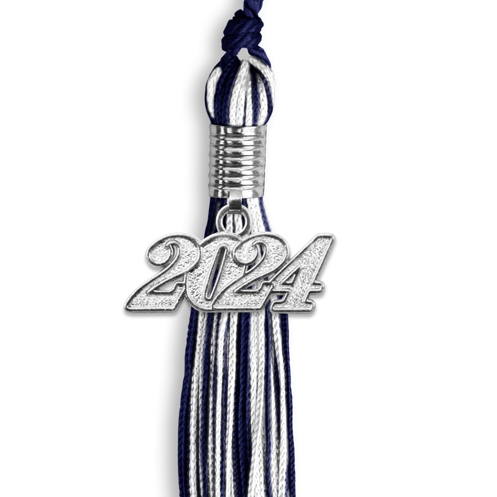 Navy Blue/White Mixed Color Graduation Tassel with Silver Date Drop - Endea Graduation