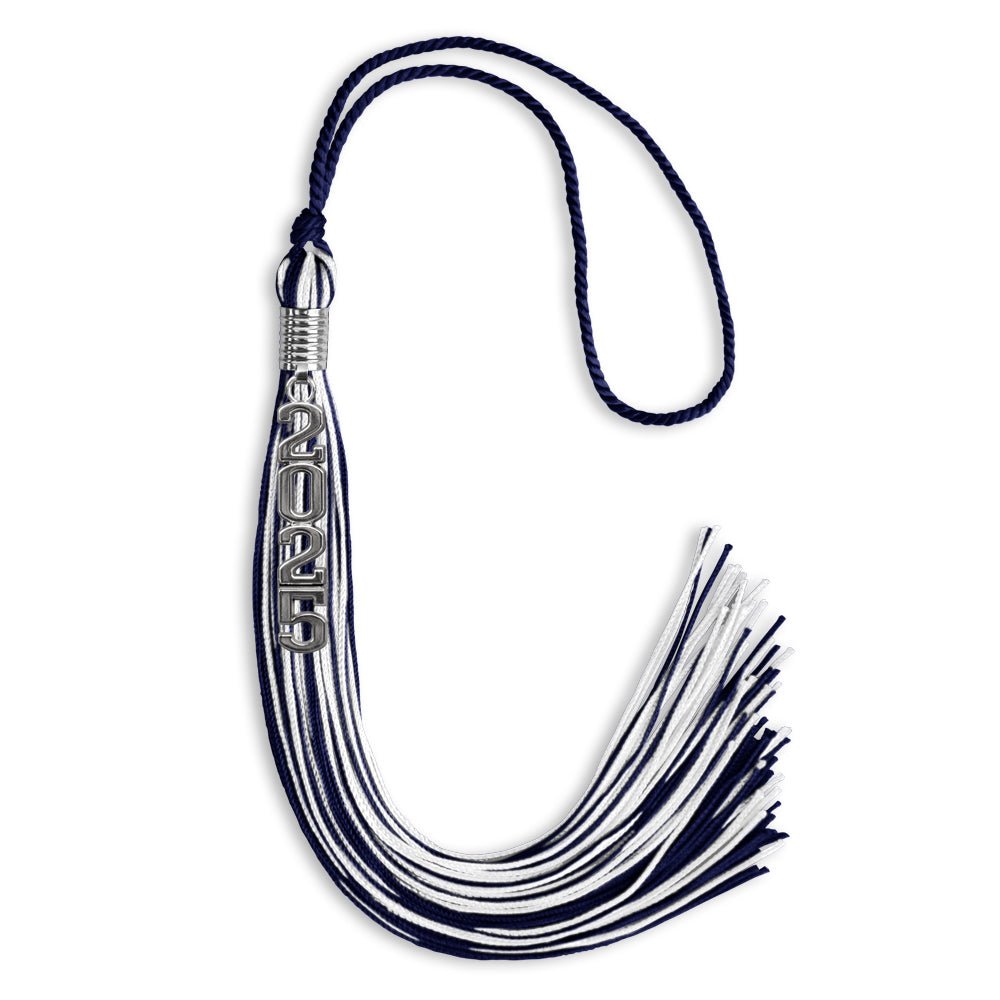 Navy Blue/White Mixed Color Graduation Tassel with Stacked Silver Date Drop - Endea Graduation