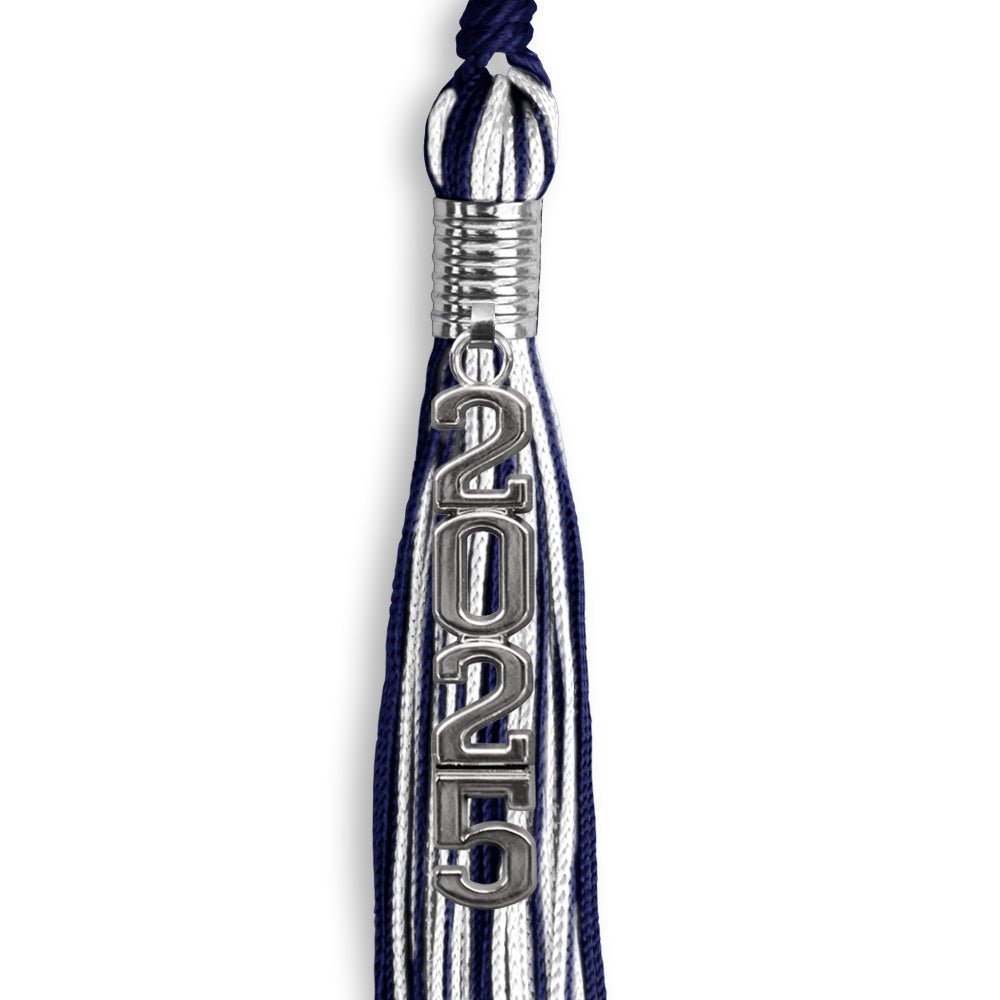 Navy Blue/White Mixed Color Graduation Tassel with Stacked Silver Date Drop - Endea Graduation