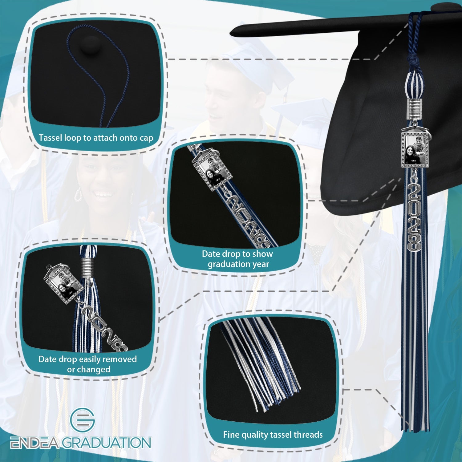 Navy Blue/White Tassel with Photo Frame Charm and Stacked Date Drop - Endea Graduation