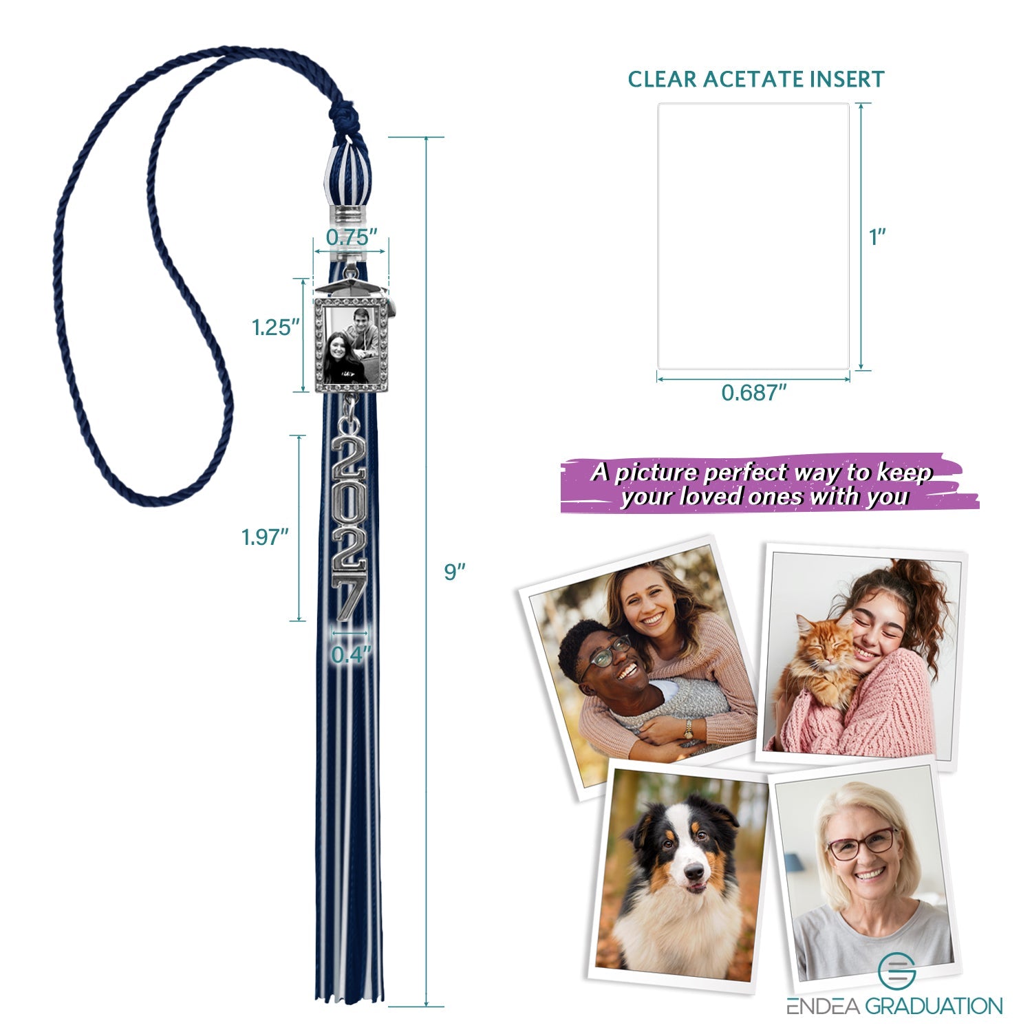Navy Blue/White Tassel with Photo Frame Charm and Stacked Date Drop - Endea Graduation