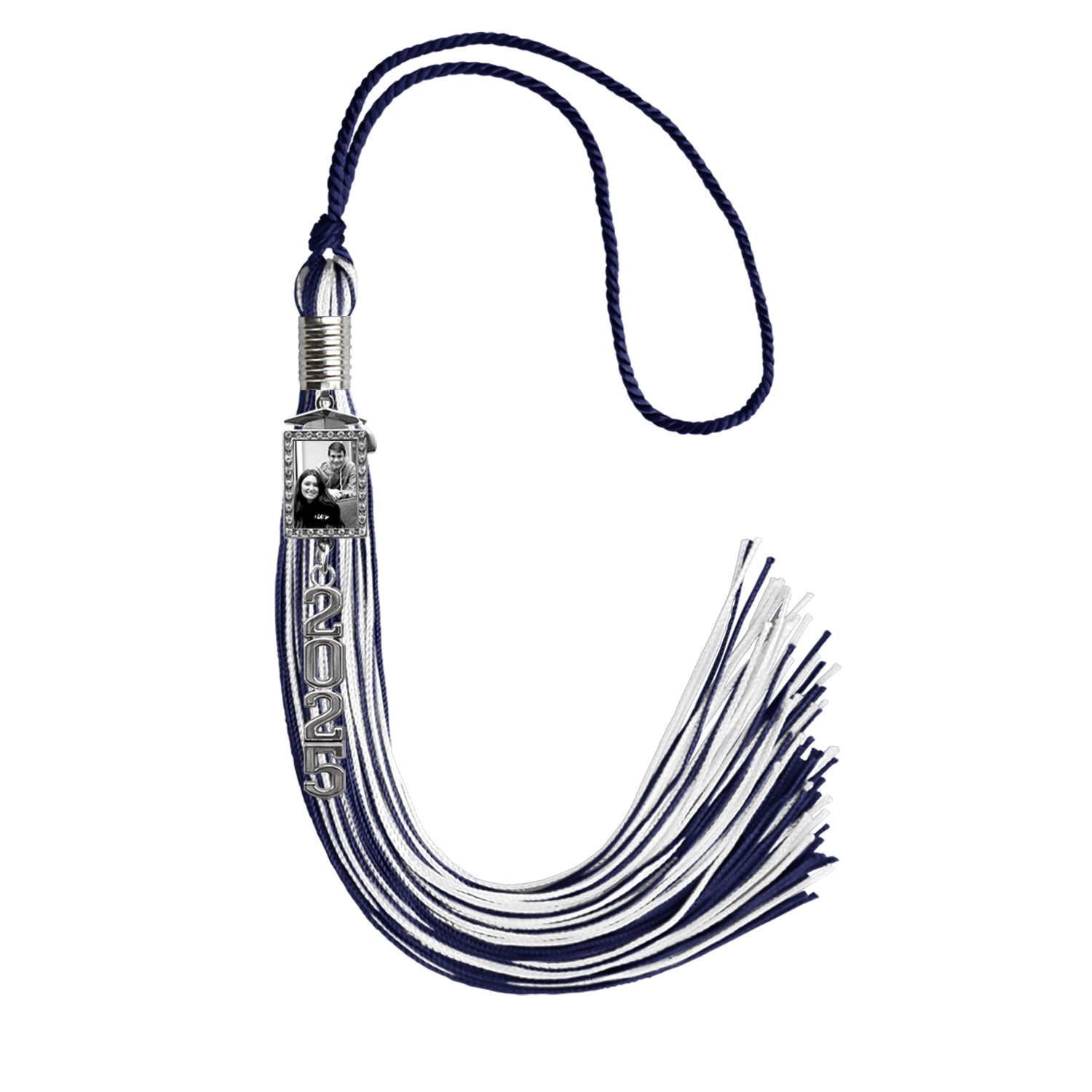 Navy Blue/White Tassel with Photo Frame Charm and Stacked Date Drop - Endea Graduation