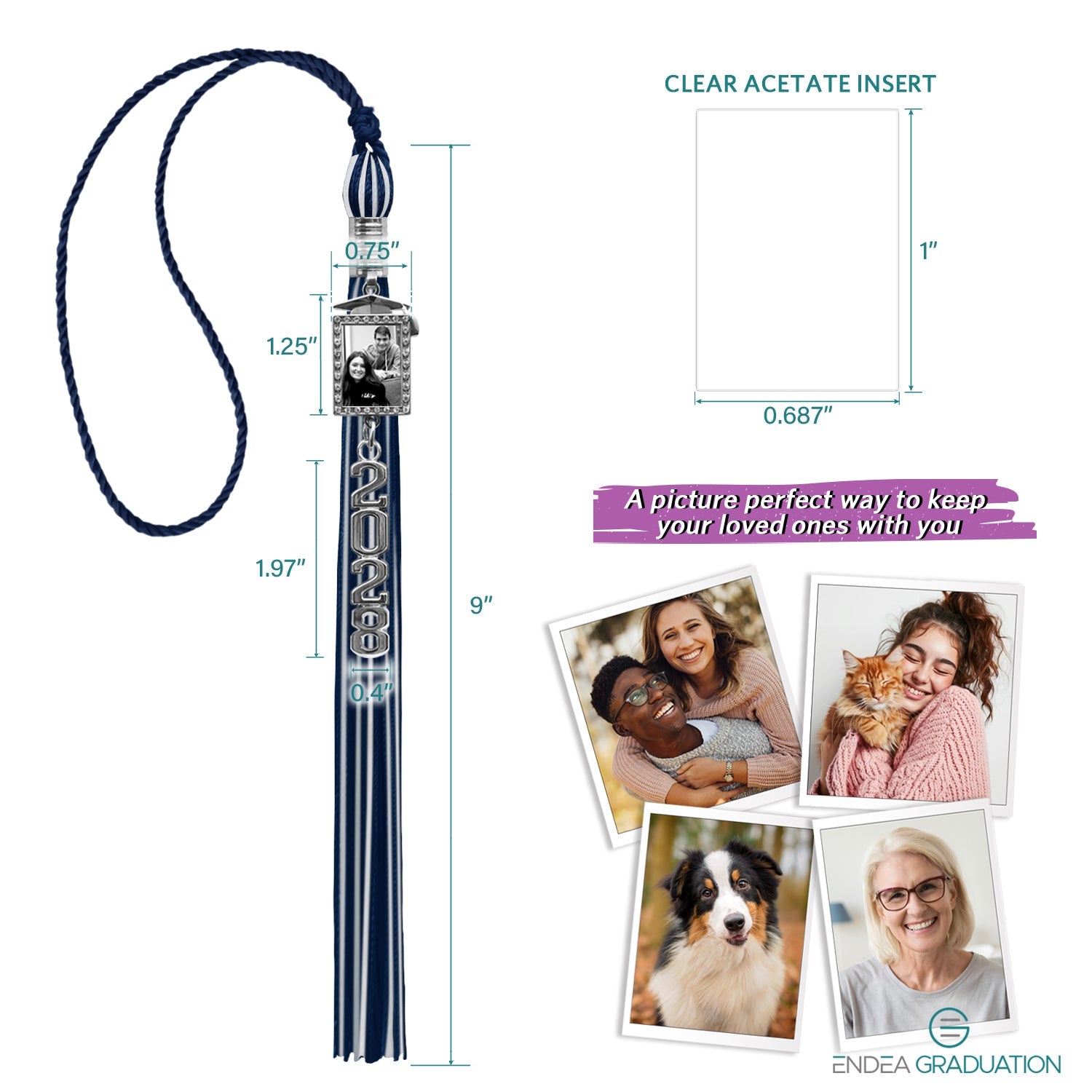 Navy Blue/White Tassel with Photo Frame Charm and Stacked Date Drop - Endea Graduation