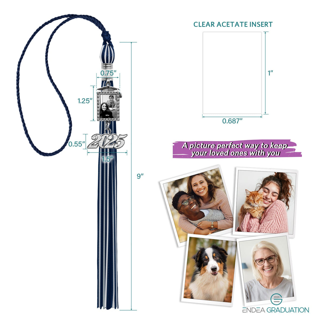 Navy Blue/White Tassel with Photo Frame Charm and Year Date Drop - Endea Graduation
