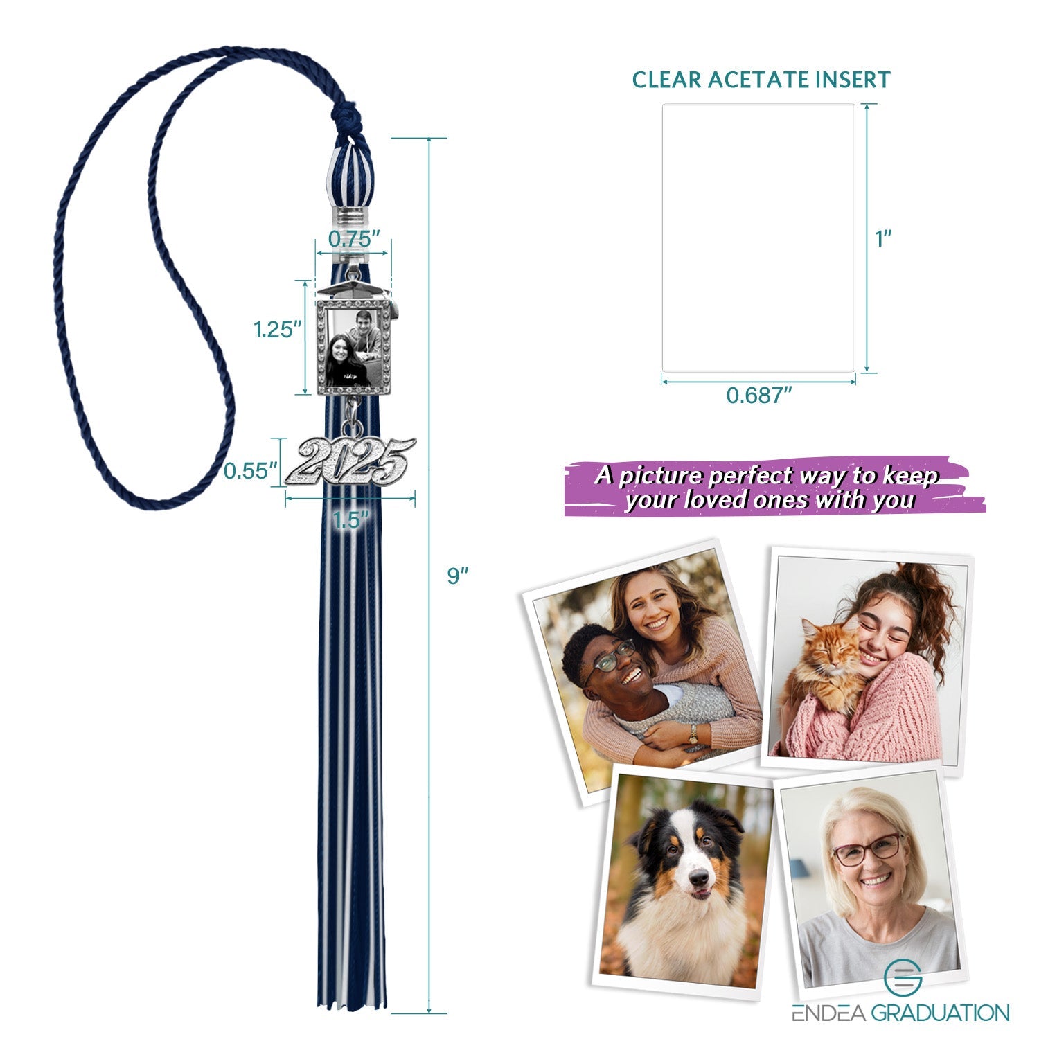 Navy Blue/White Tassel with Photo Frame Charm and Year Date Drop - Endea Graduation