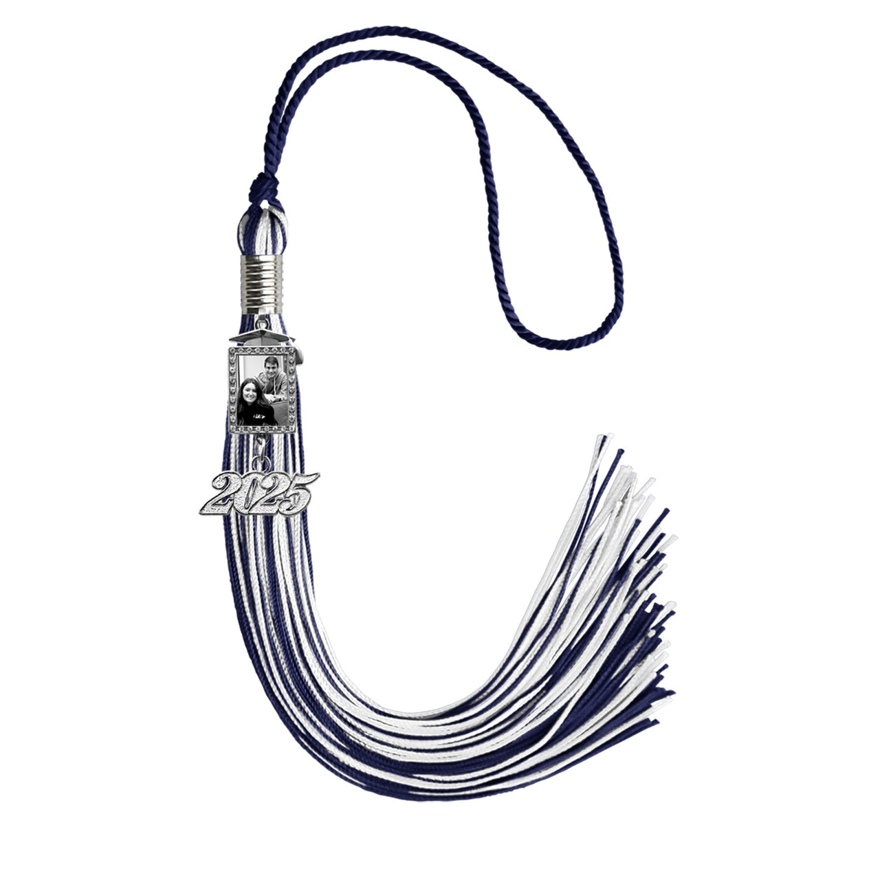 Navy Blue/White Tassel with Photo Frame Charm and Year Date Drop - Endea Graduation