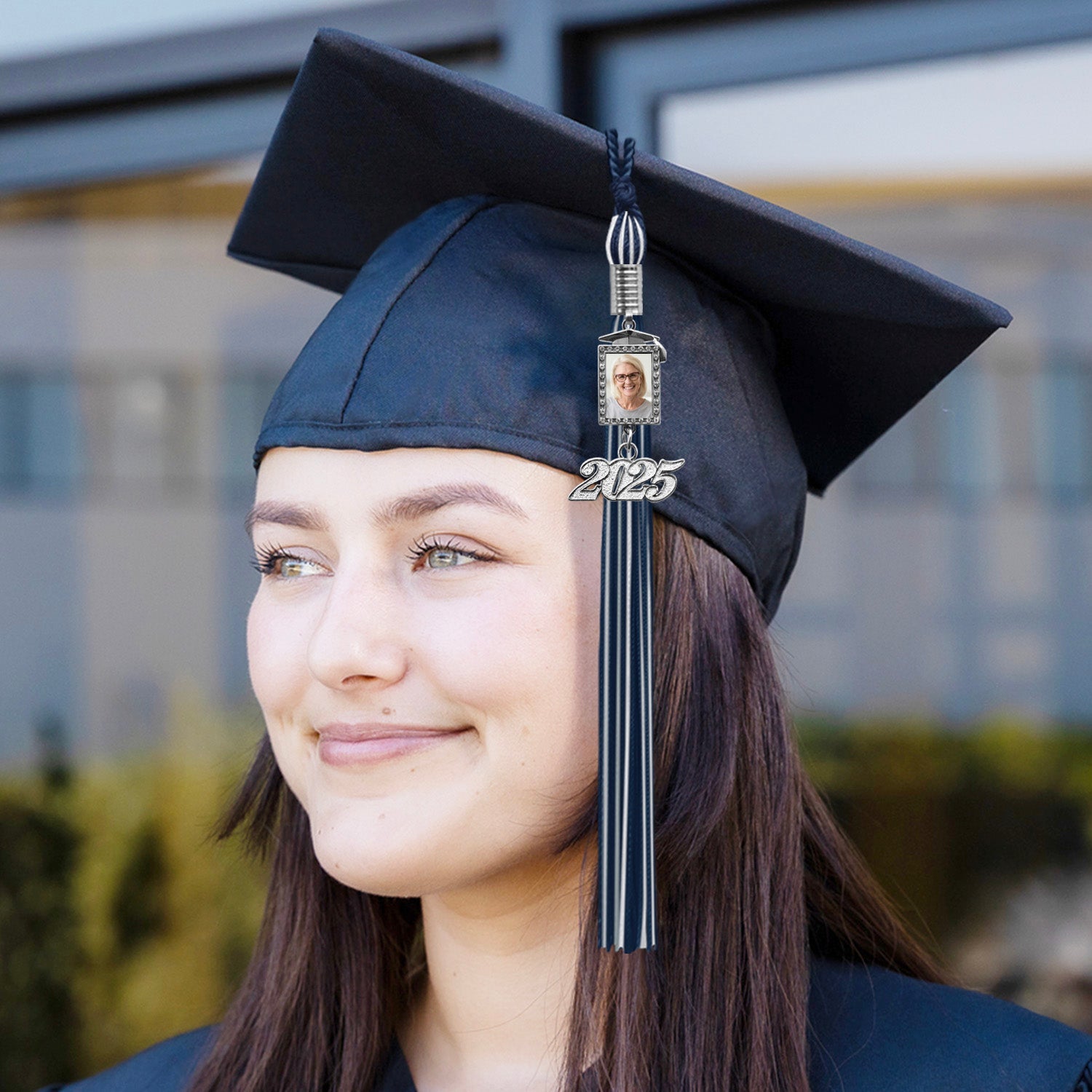 Navy Blue/White Tassel with Photo Frame Charm and Year Date Drop - Endea Graduation