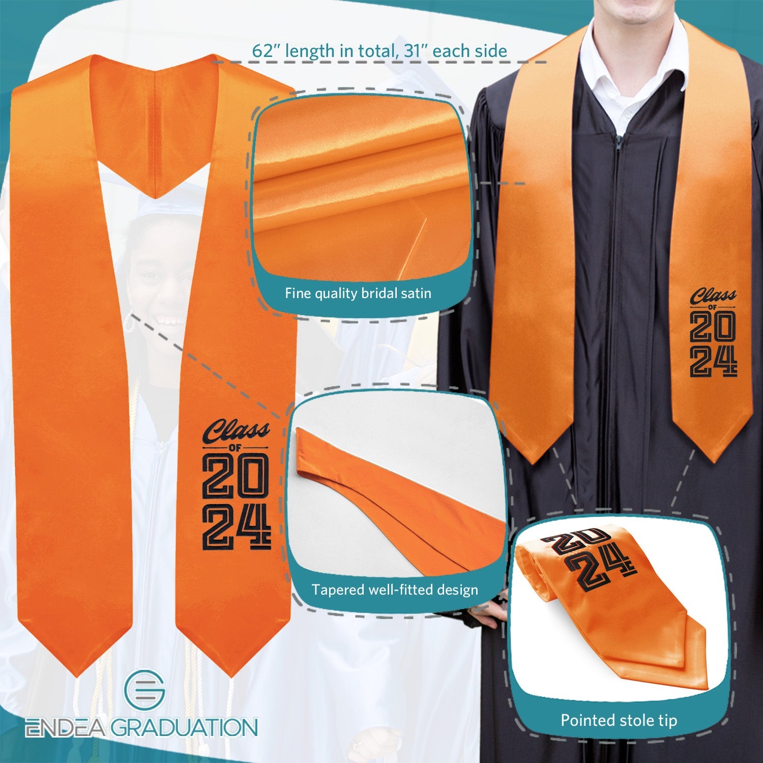 Orange Class of 2024 Graduation Stole/Sash with Classic Tips - Endea Graduation