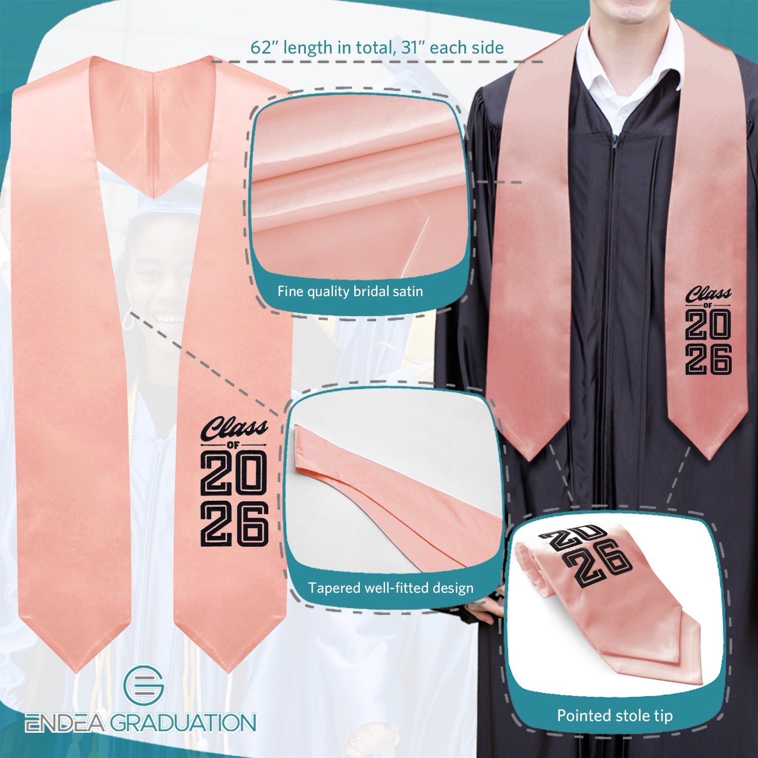 Pink Class of 2026 Graduation Stole/Sash with Classic Tips - Endea Graduation