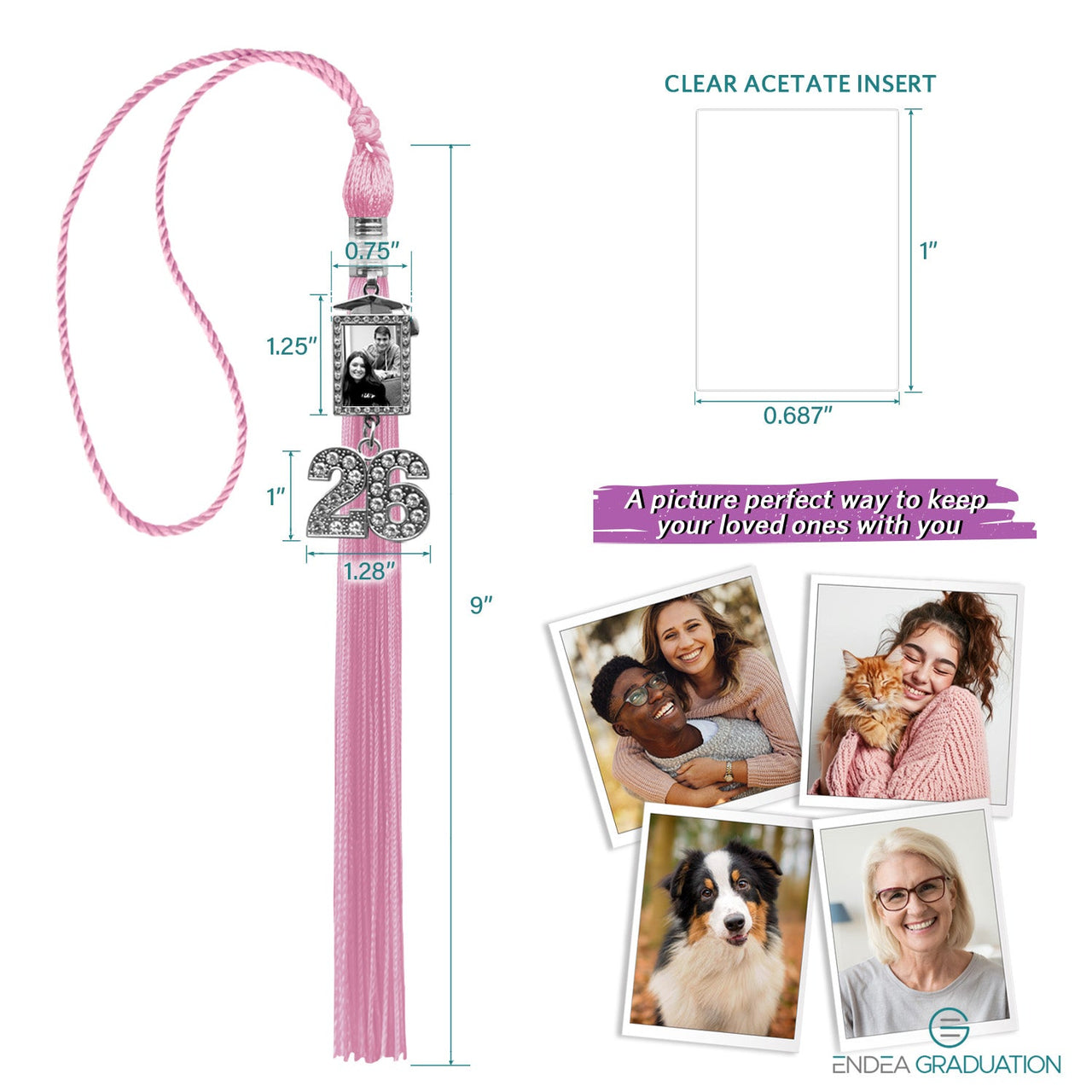 Pink Tassel with Photo Frame Charm and Bling Charm - Endea Graduation