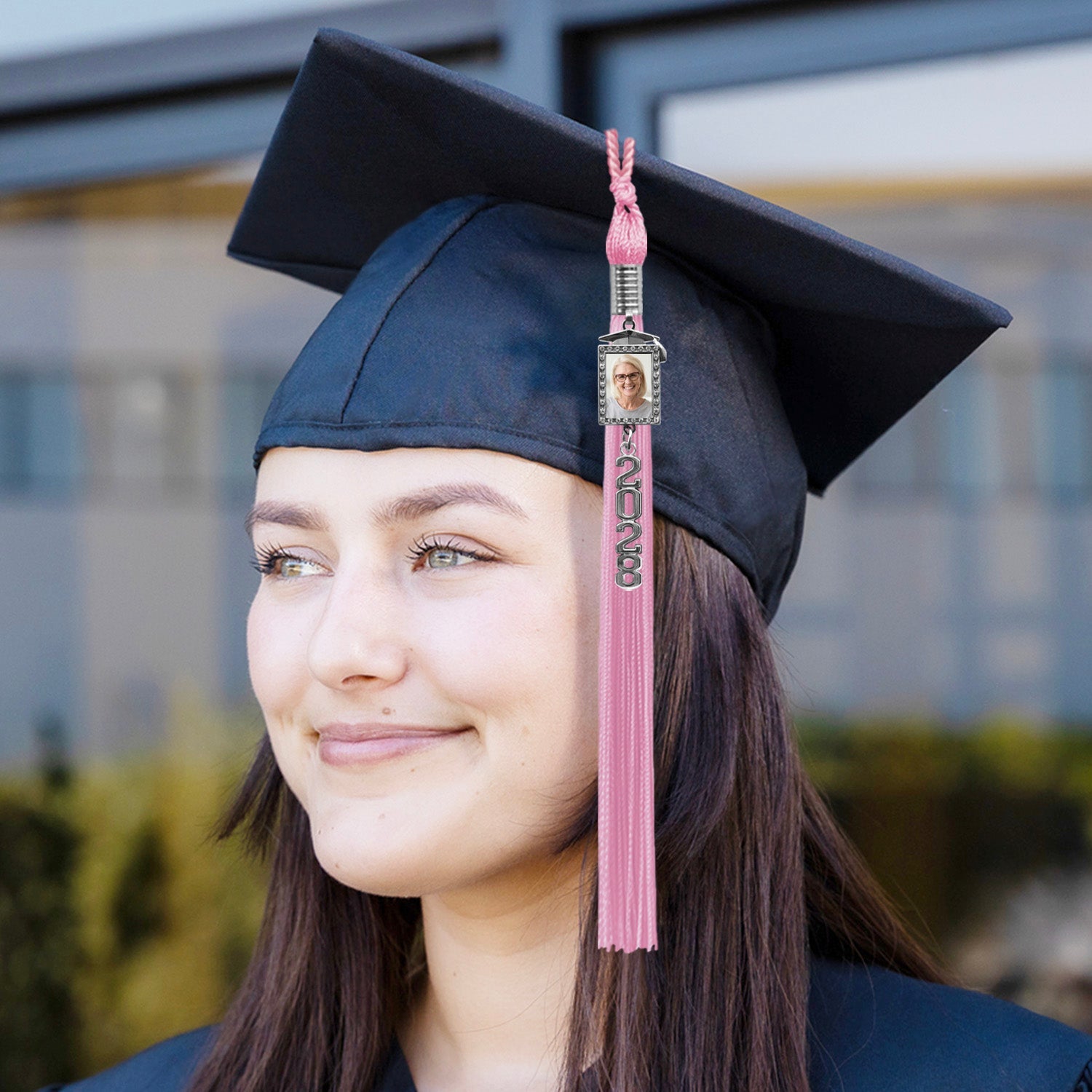 Pink Tassel with Photo Frame Charm and Stacked Date Drop - Endea Graduation