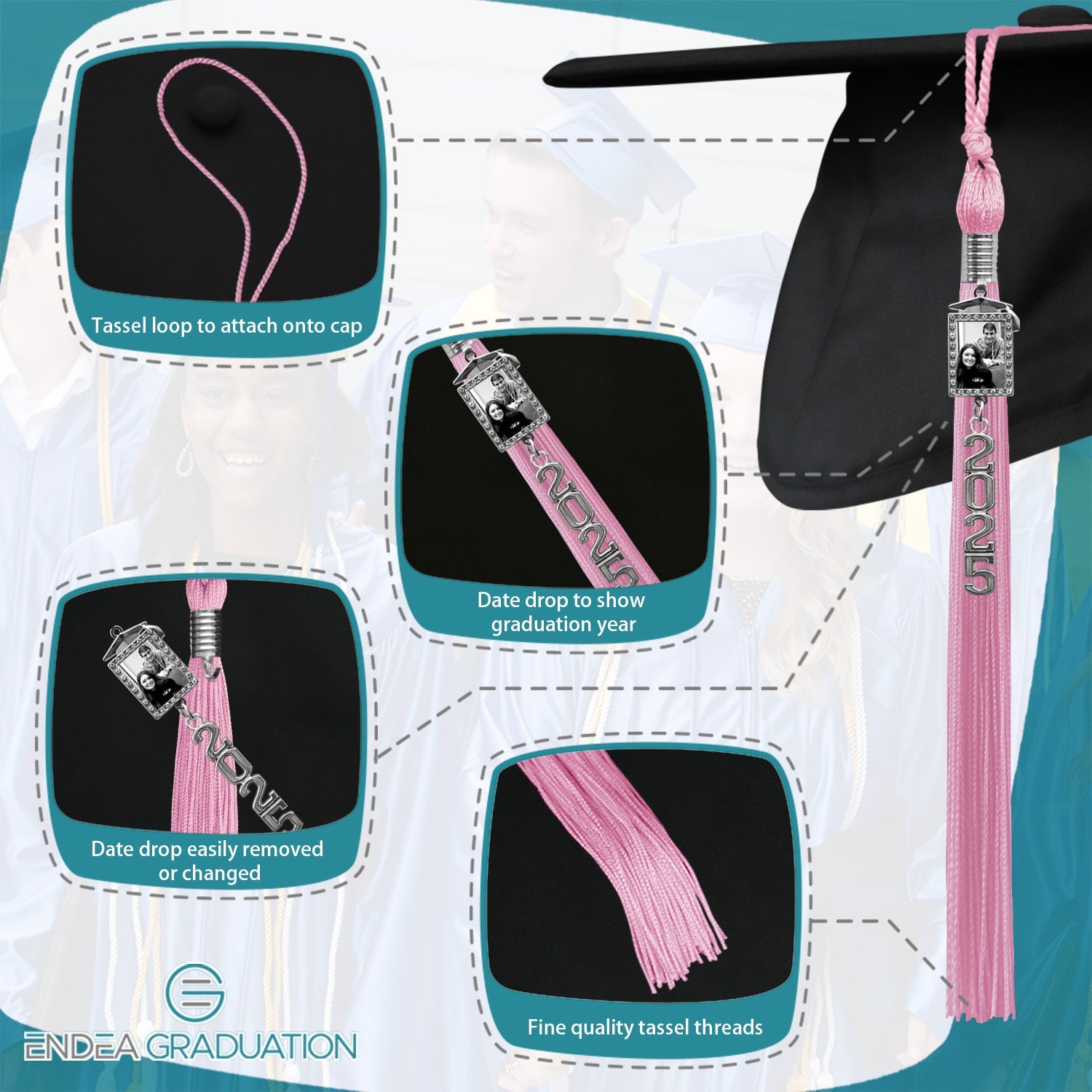 Pink Tassel with Photo Frame Charm and Stacked Date Drop - Endea Graduation