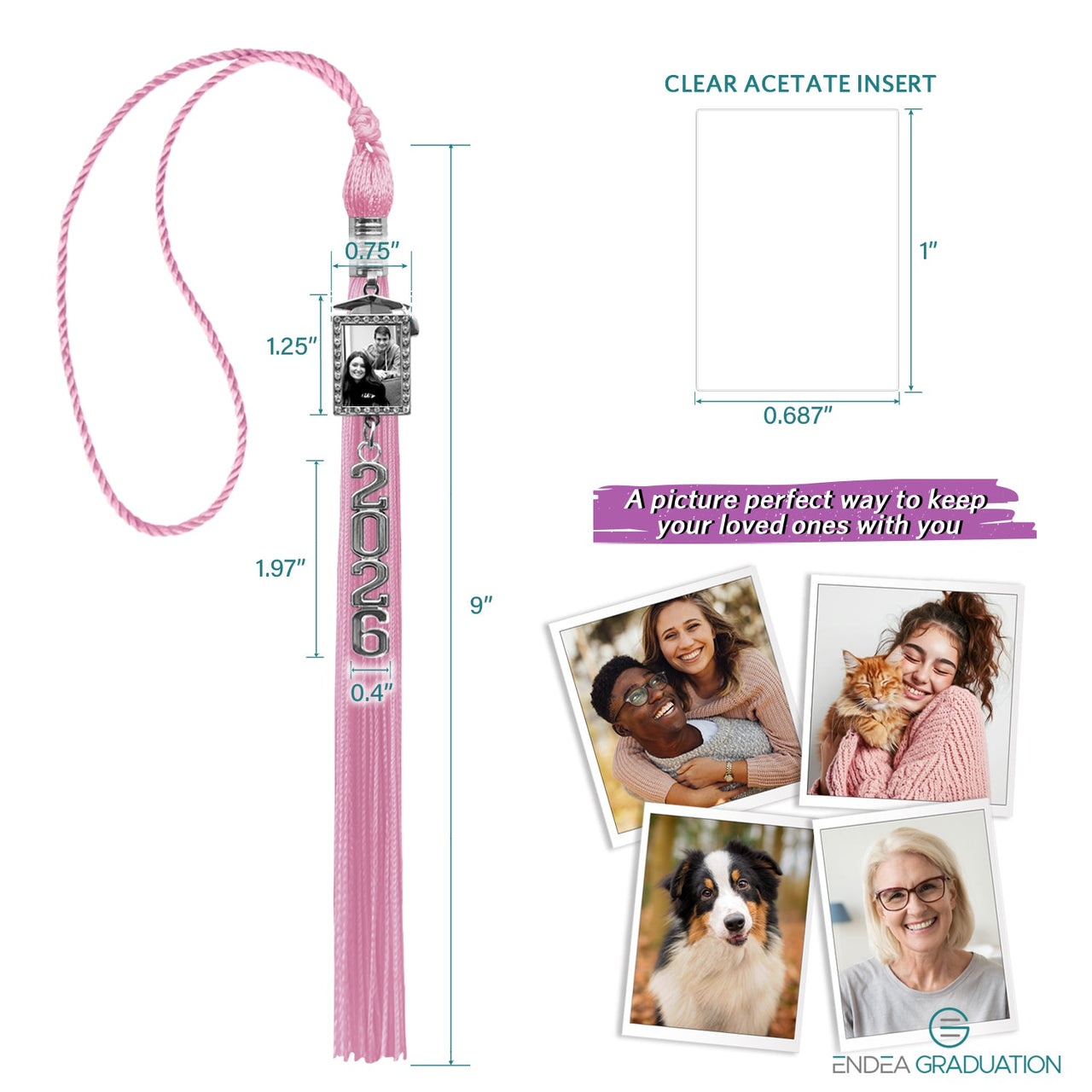 Pink Tassel with Photo Frame Charm and Stacked Date Drop - Endea Graduation
