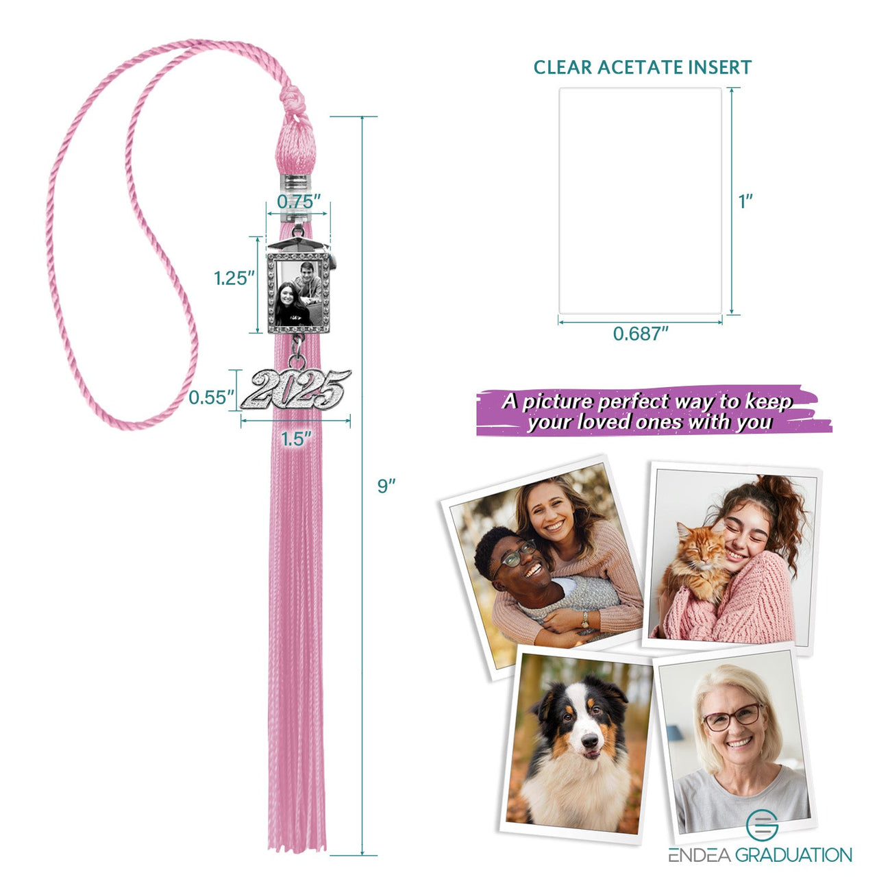 Pink Tassel with Photo Frame Charm and Year Date Drop - Endea Graduation