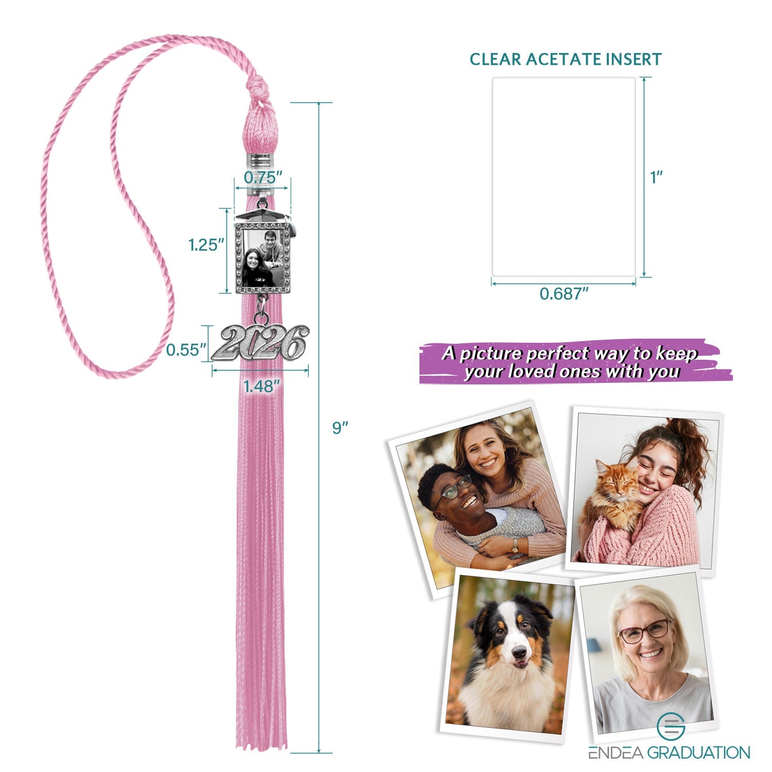 Pink Tassel with Photo Frame Charm and Year Date Drop - Endea Graduation