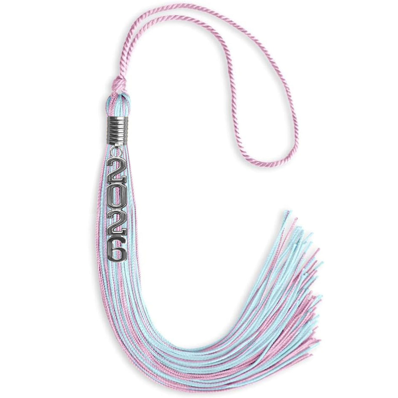 Pink/Light Blue Mixed Color Graduation Tassel with Stacked Silver Date Drop - Endea Graduation