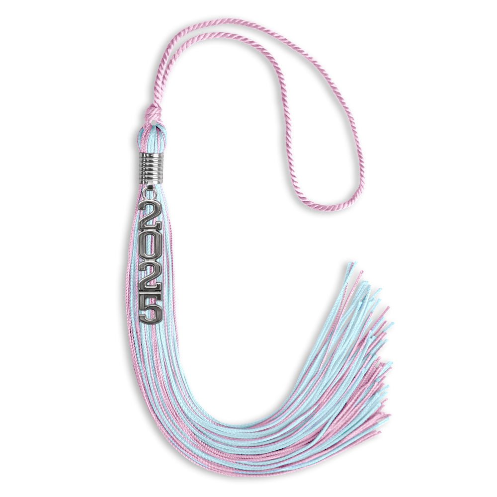 Pink/Light Blue Mixed Color Graduation Tassel with Stacked Silver Date Drop - Endea Graduation