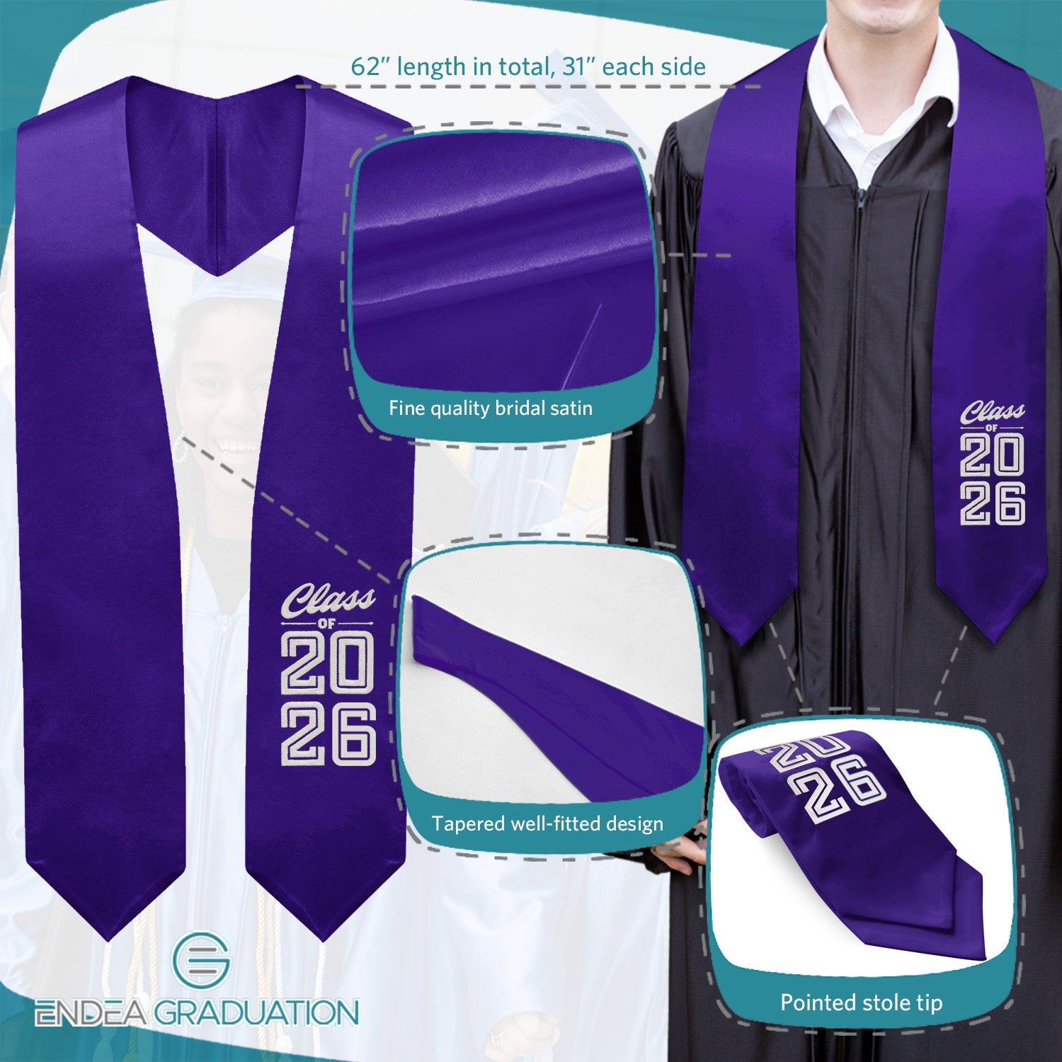 Purple Class of 2026 Graduation Stole/Sash with Classic Tips - Endea Graduation