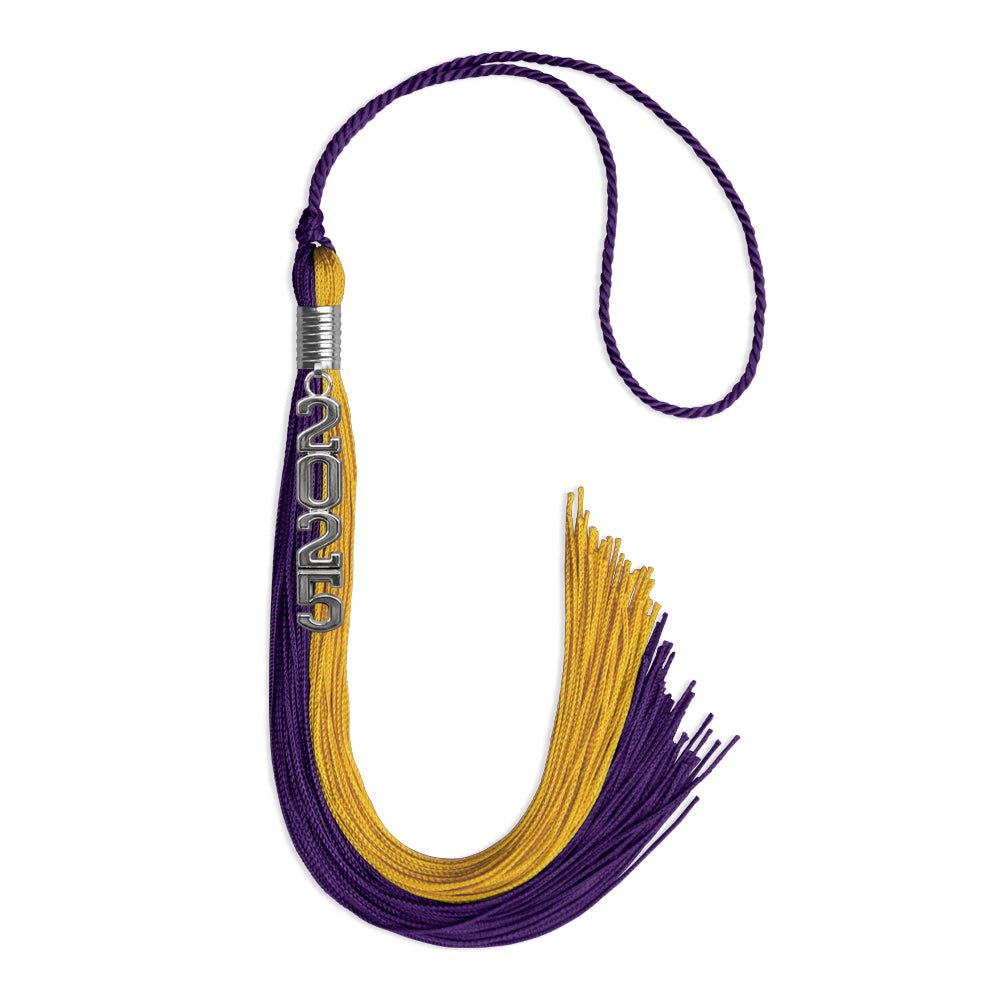 Purple/Bright Gold Graduation Tassel with Silver Stacked Date Drop - Endea Graduation