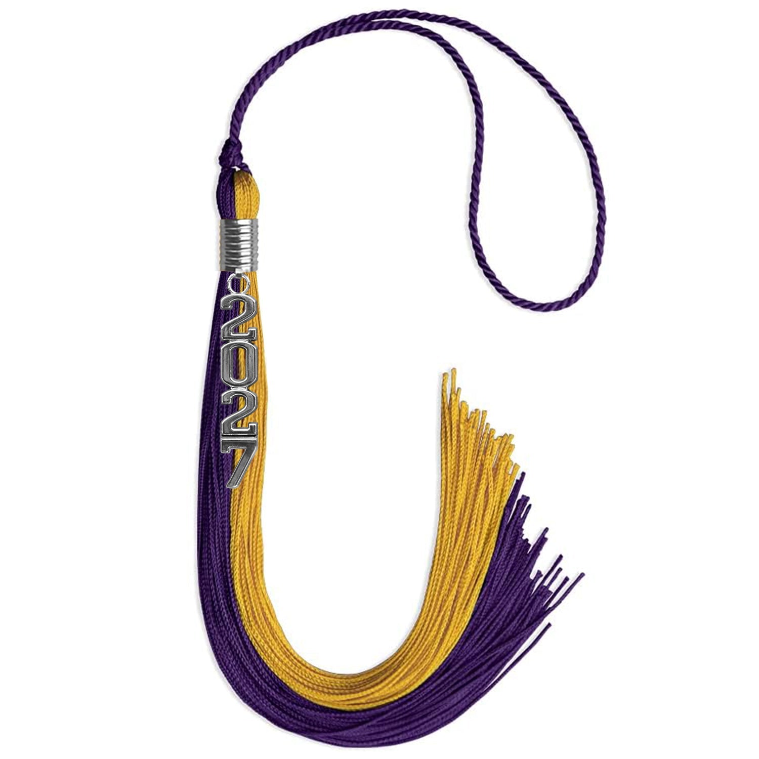 Purple/Bright Gold Graduation Tassel with Silver Stacked Date Drop - Endea Graduation