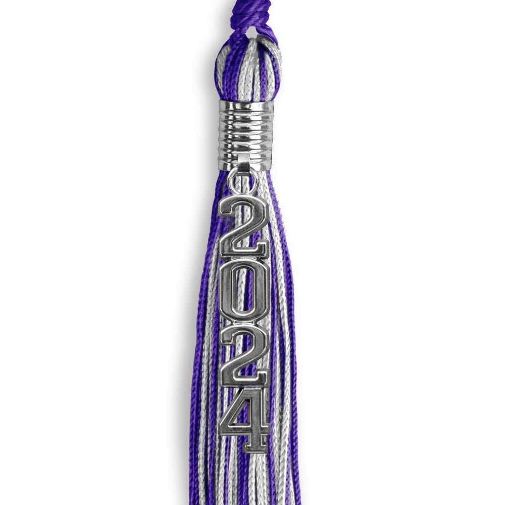 Purple/Silver Mixed Color Graduation Tassel with Stacked Silver Date Drop - Endea Graduation