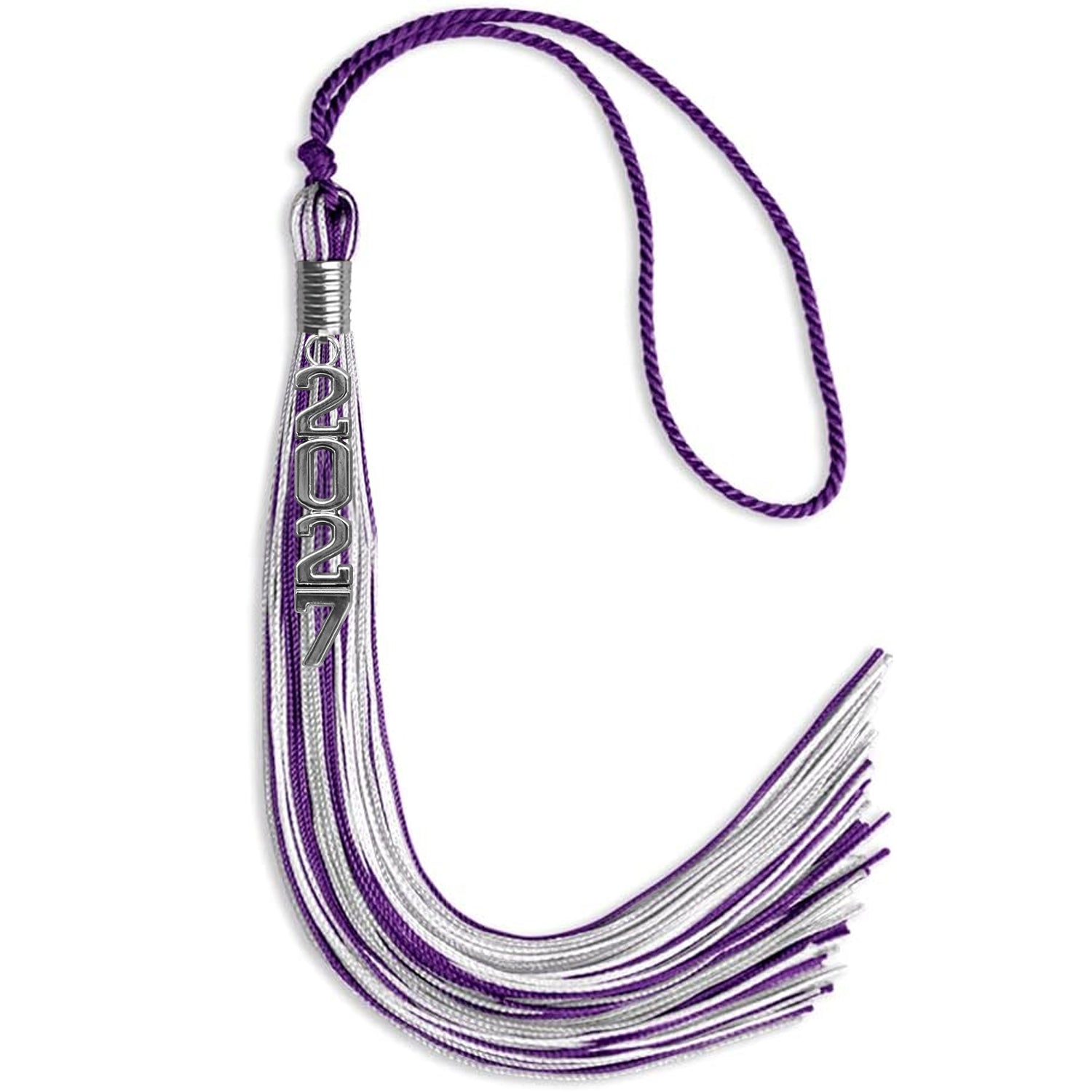 Purple/Silver/White Mixed Color Graduation Tassel with Silver Stacked Date Drop - Endea Graduation