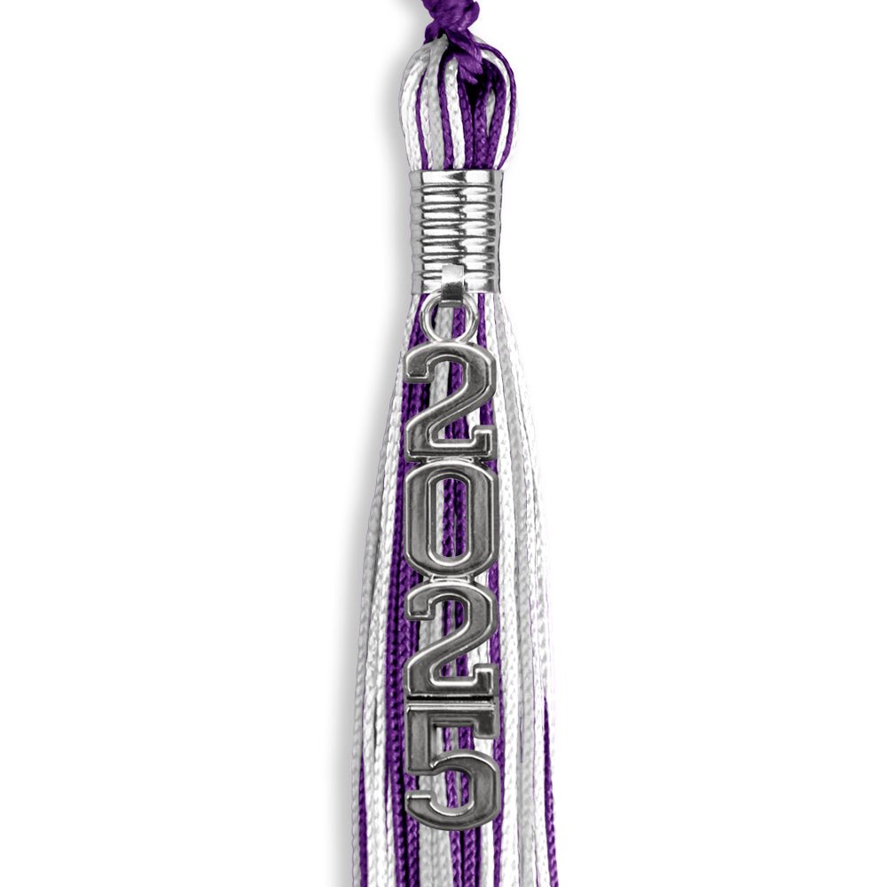 Purple/Silver/White Mixed Color Graduation Tassel with Silver Stacked Date Drop - Endea Graduation