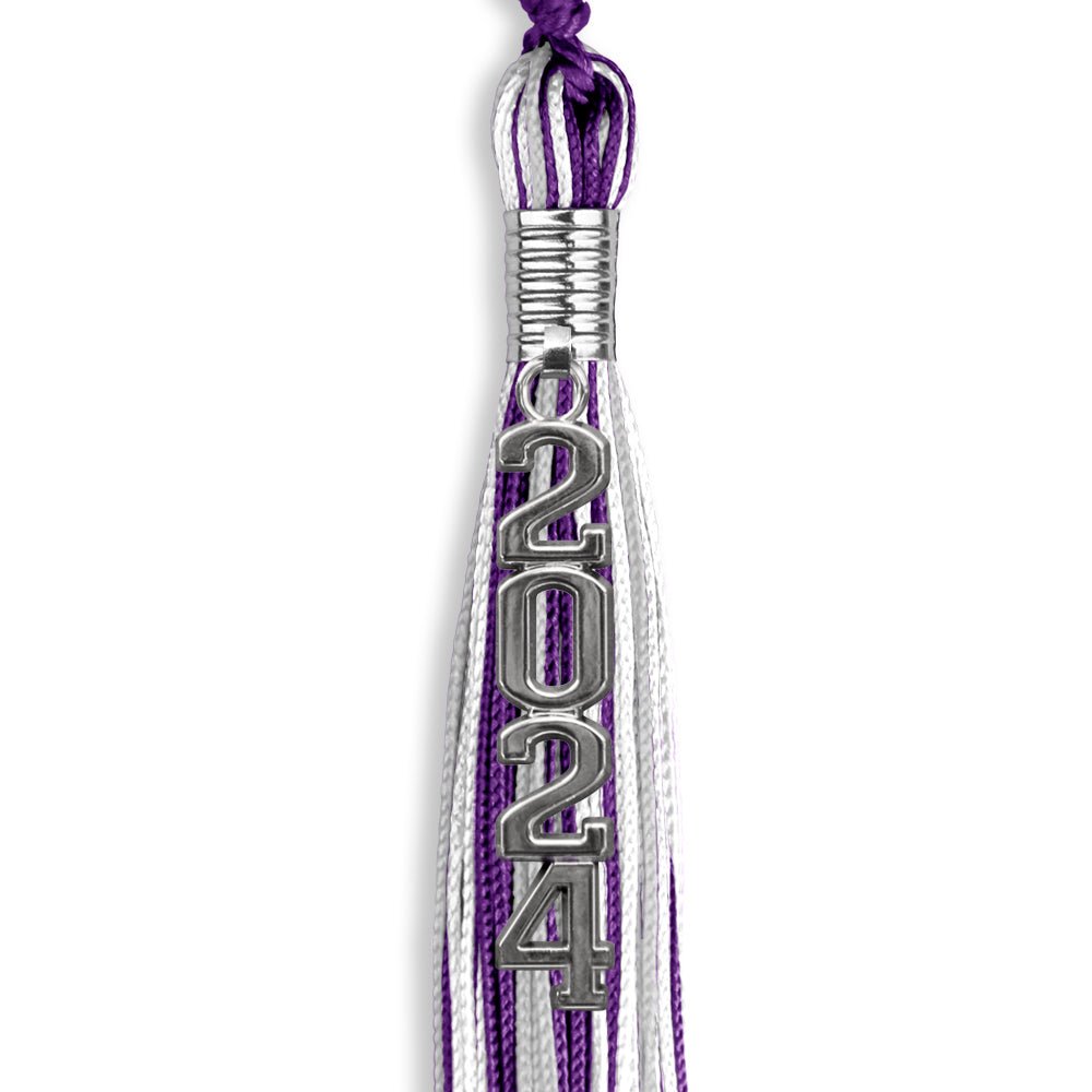 Purple/Silver/White Mixed Color Graduation Tassel with Silver Stacked Date Drop - Endea Graduation