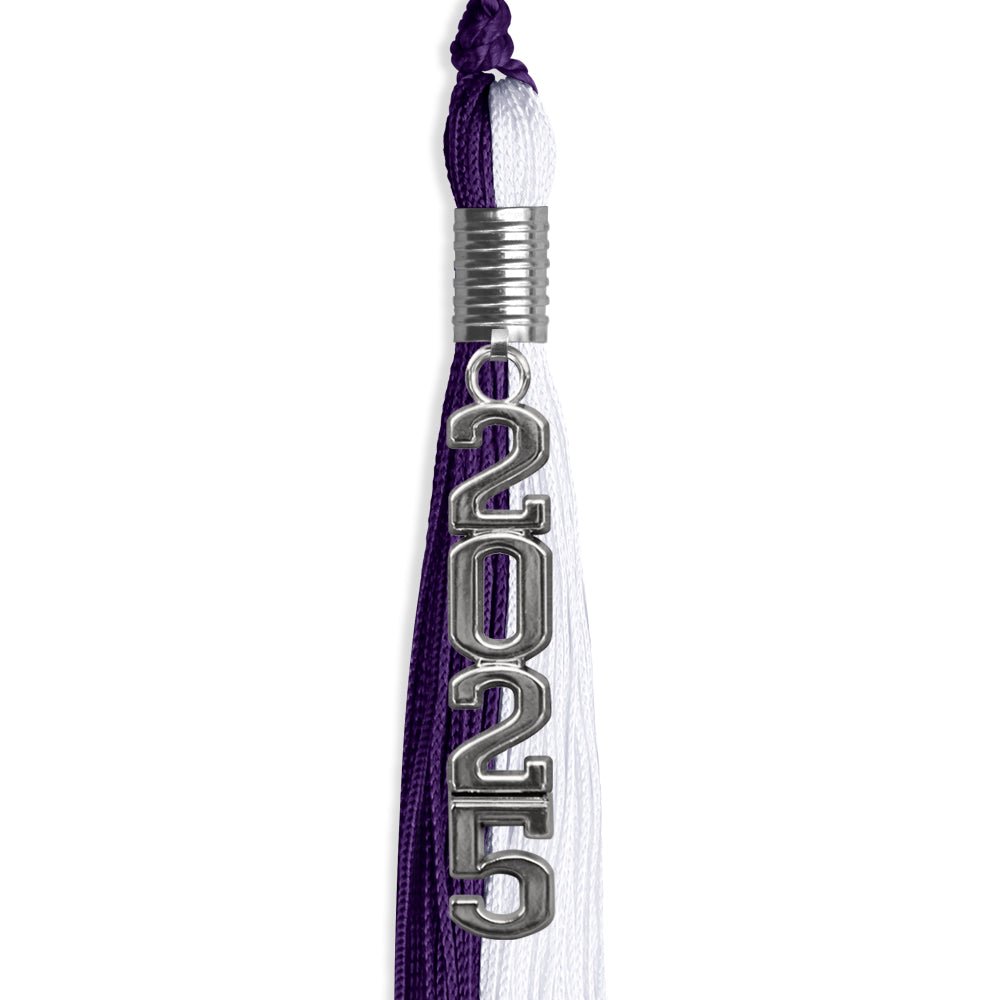 Purple/White Graduation Tassel with Silver Stacked Date Drop - Endea Graduation