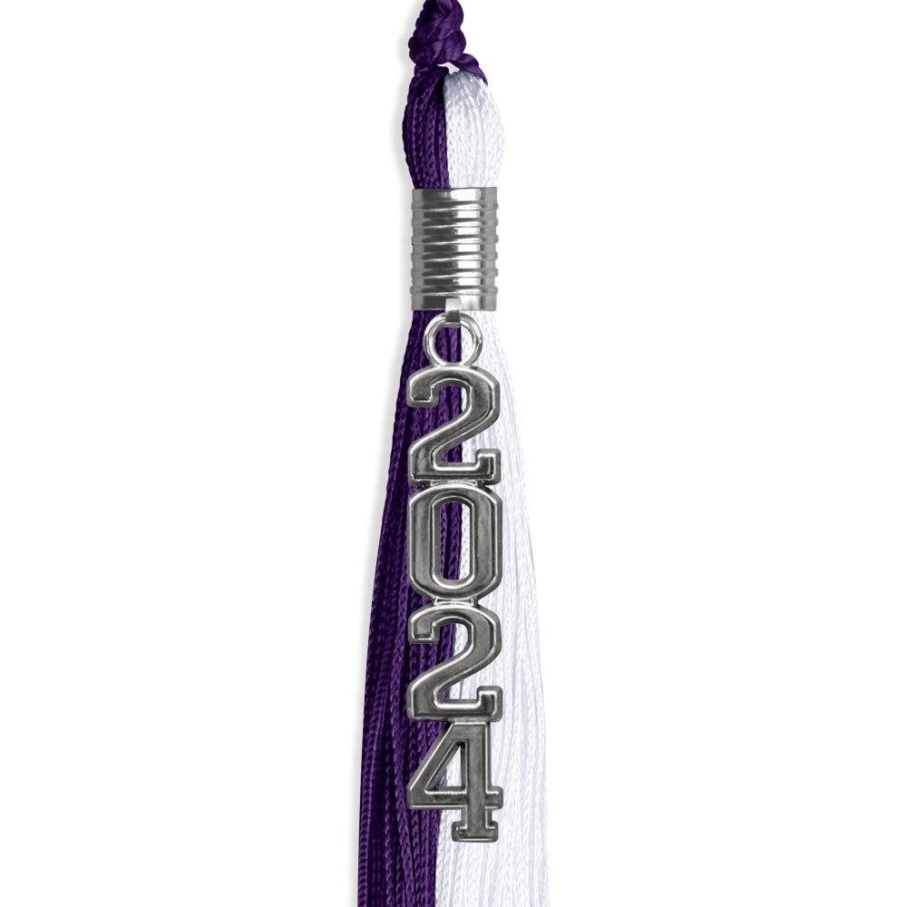 Purple/White Graduation Tassel with Silver Stacked Date Drop - Endea Graduation