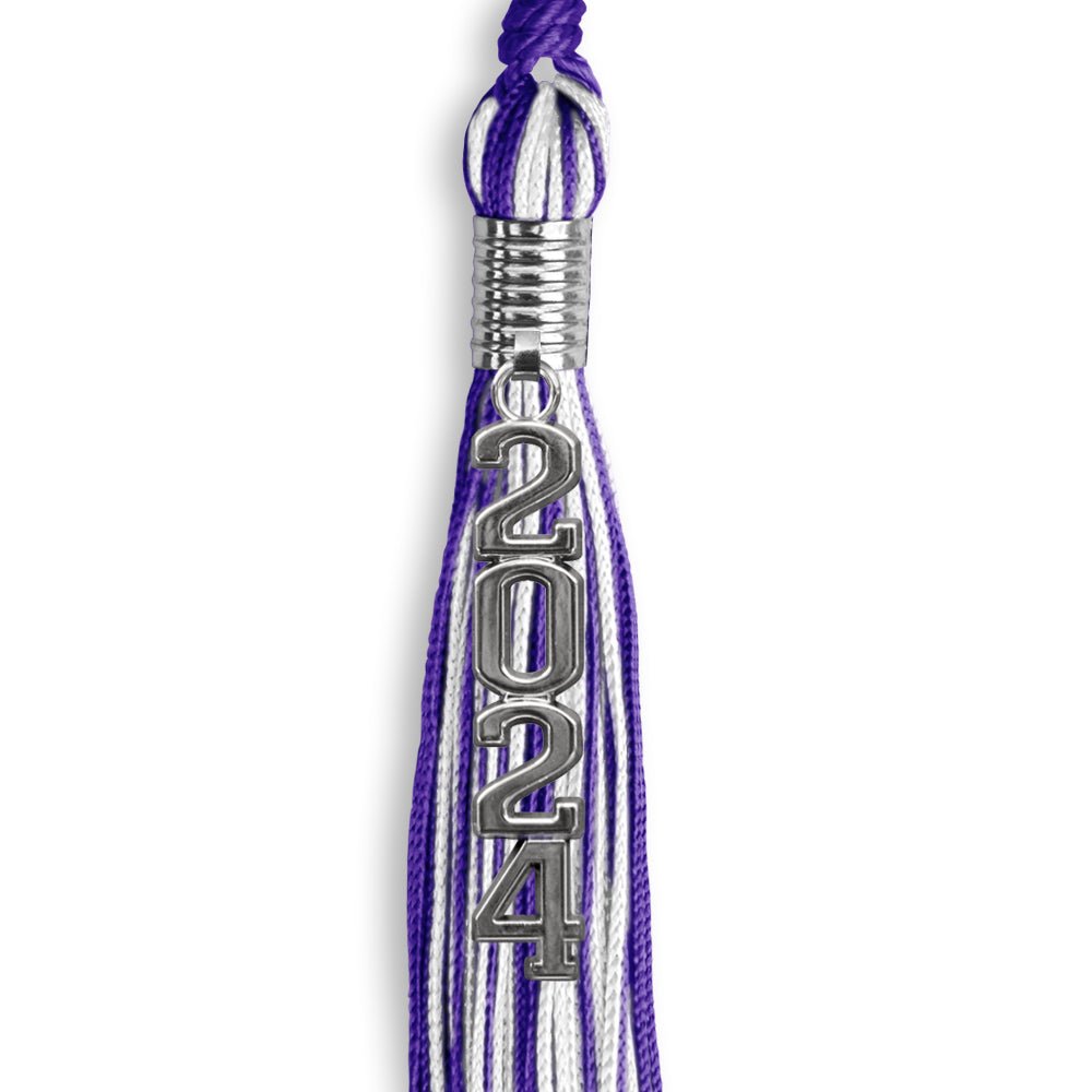 Purple/White Mixed Color Graduation Tassel with Stacked Silver Date Drop - Endea Graduation