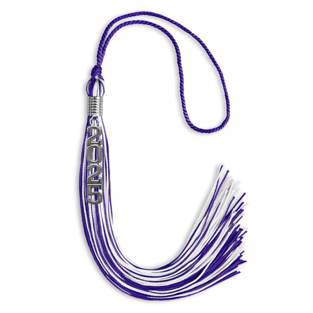 Purple/White Mixed Color Graduation Tassel with Stacked Silver Date Drop - Endea Graduation