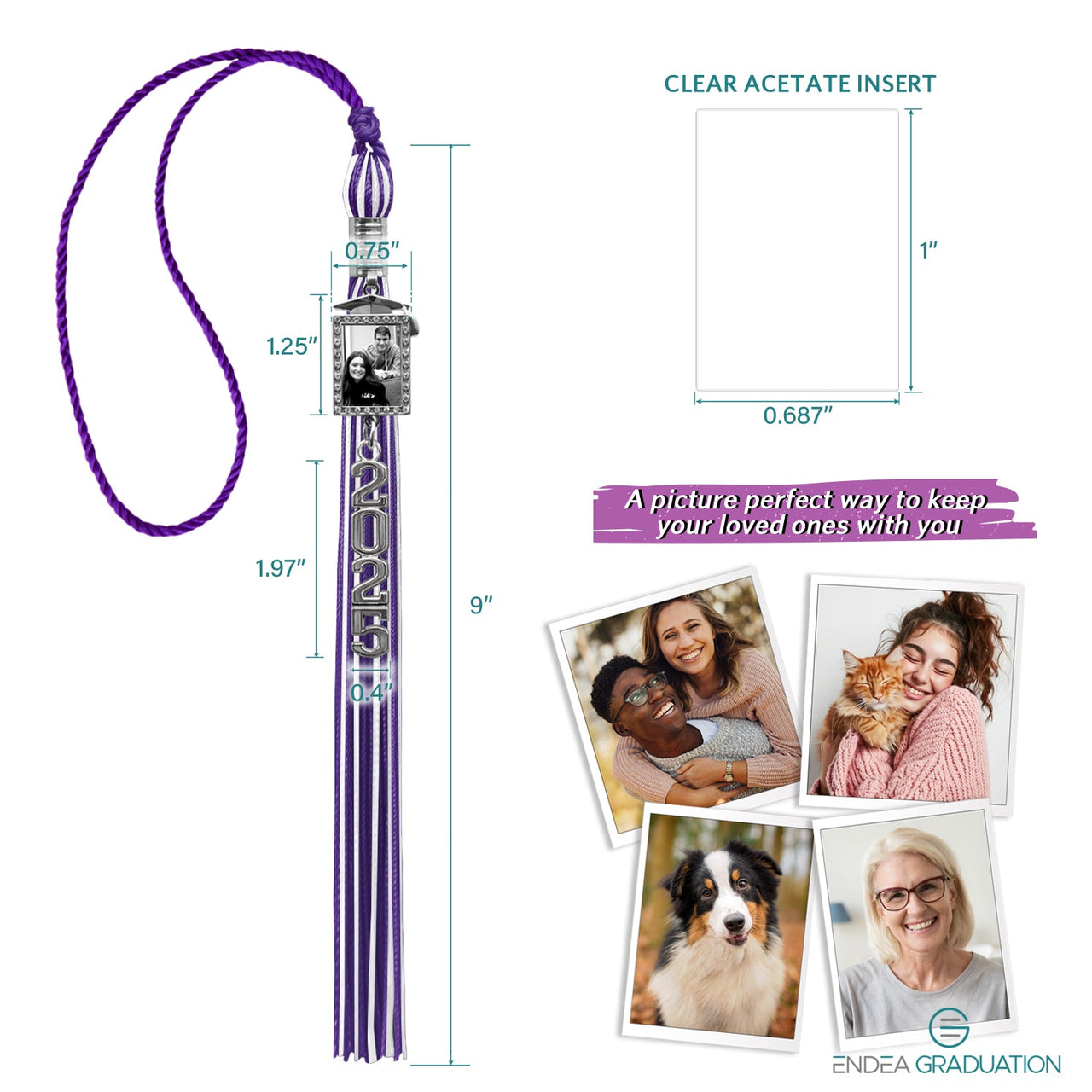 Purple/White Tassel with Photo Frame Charm and Stacked Date Drop - Endea Graduation