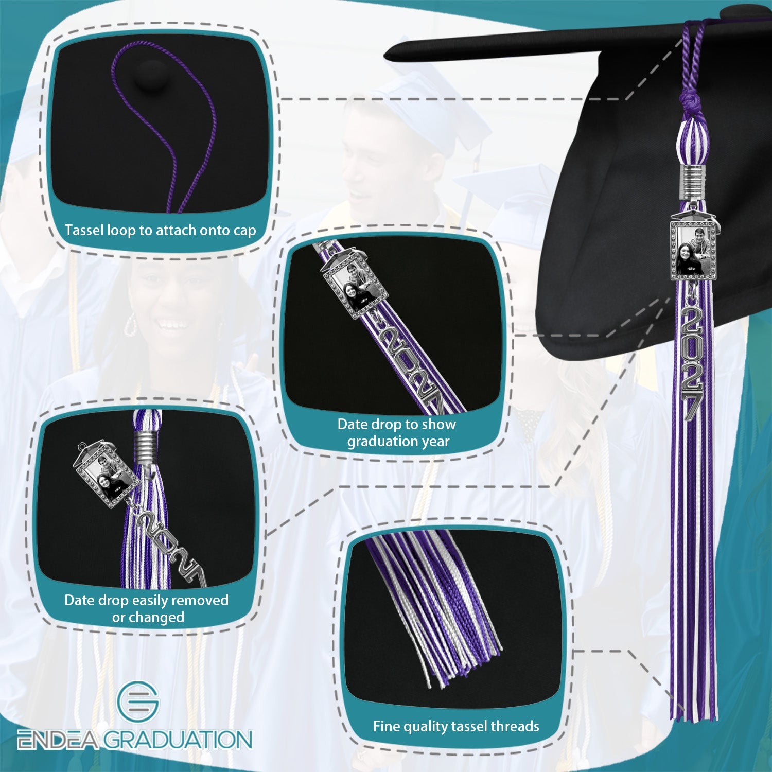 Purple/White Tassel with Photo Frame Charm and Stacked Date Drop - Endea Graduation