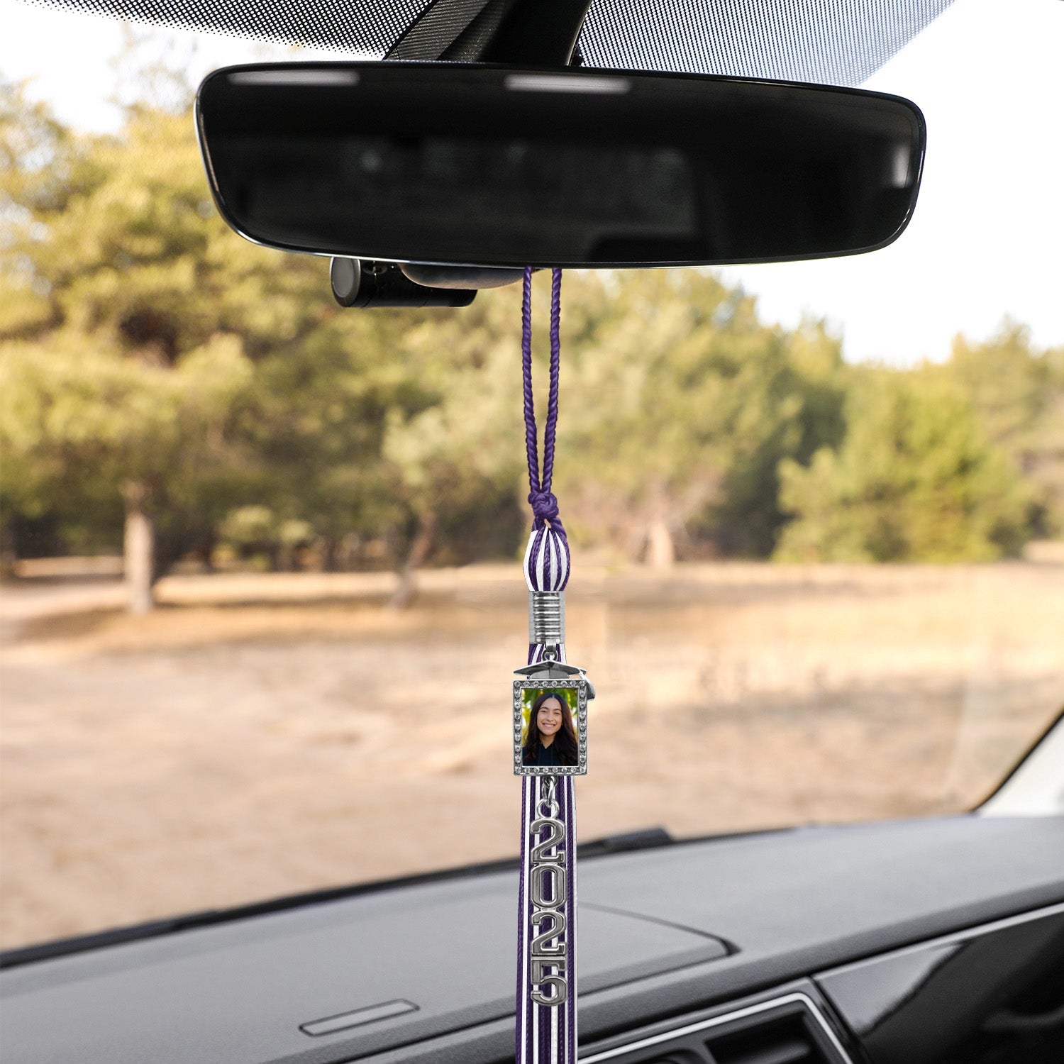 Purple/White Tassel with Photo Frame Charm and Stacked Date Drop - Endea Graduation