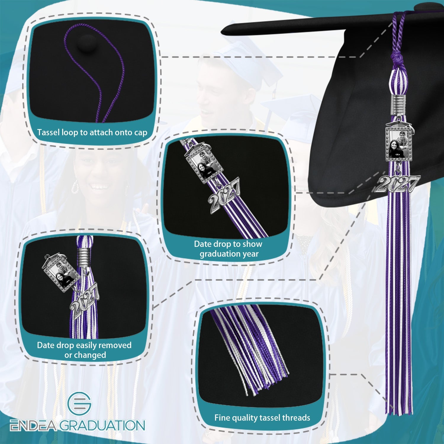 Purple/White Tassel with Photo Frame Charm and Year Date Drop - Endea Graduation