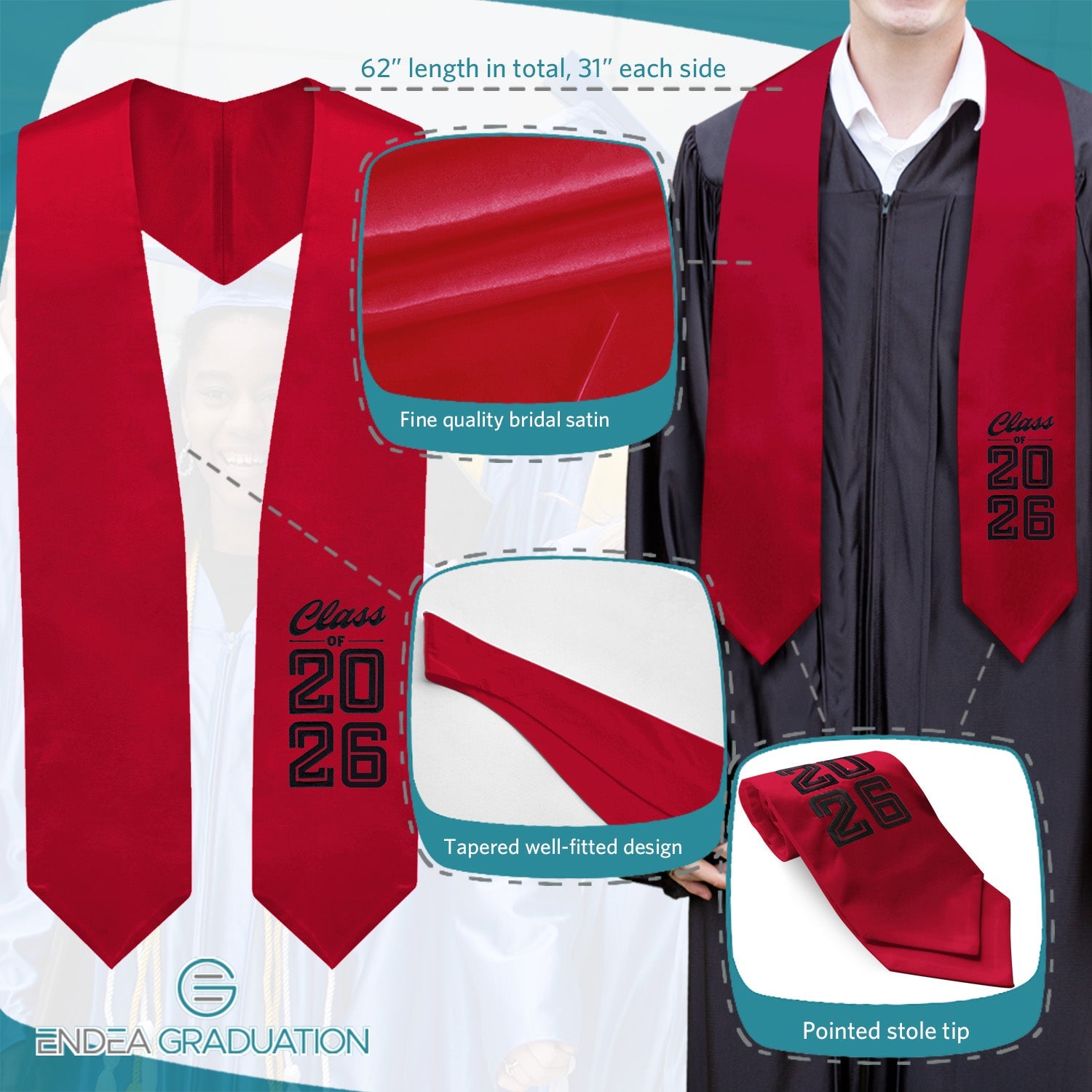 Red Class of 2026 Graduation Stole/Sash with Classic Tips - Endea Graduation
