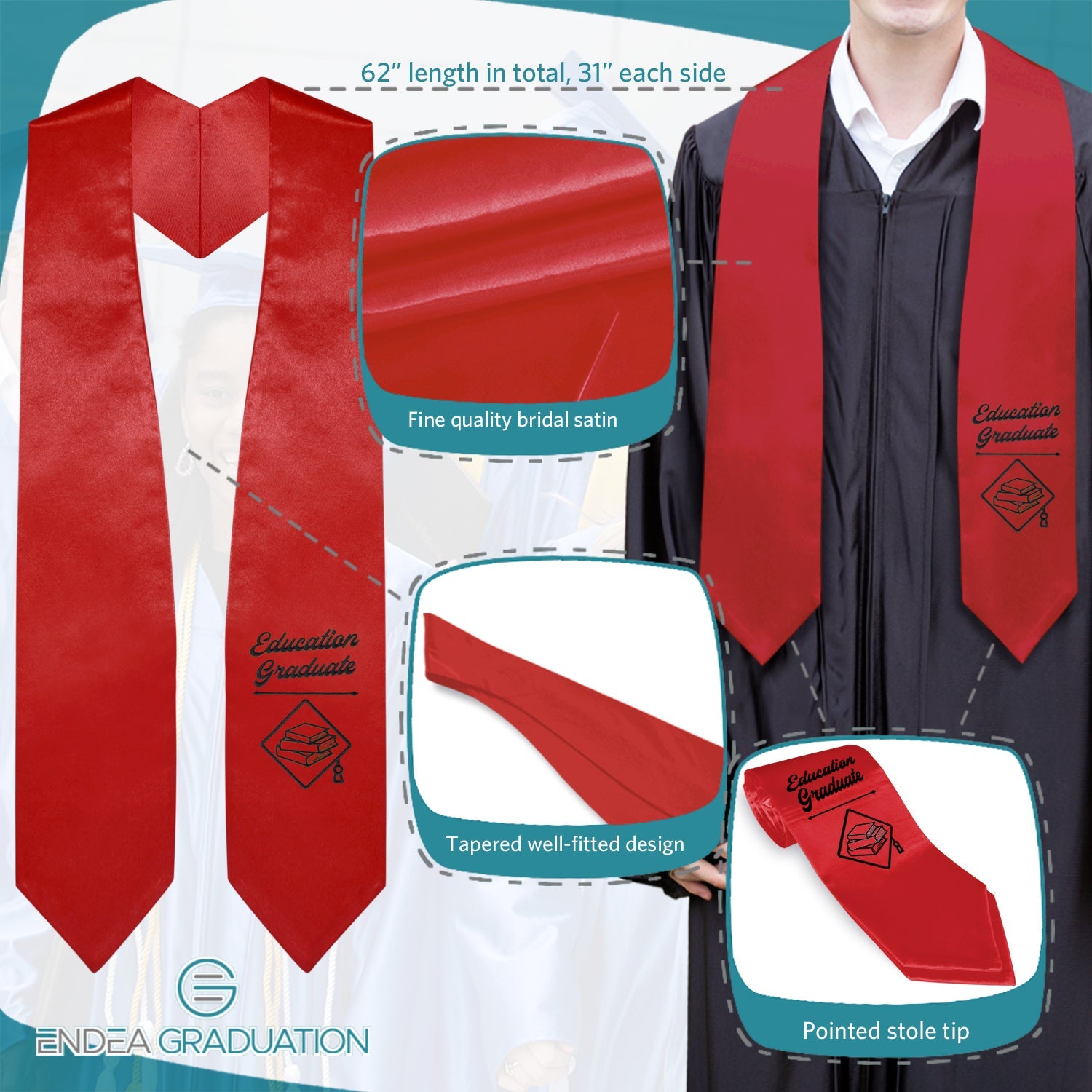 Red Education Graduate Stole/Sash with Classic Tips - Endea Graduation