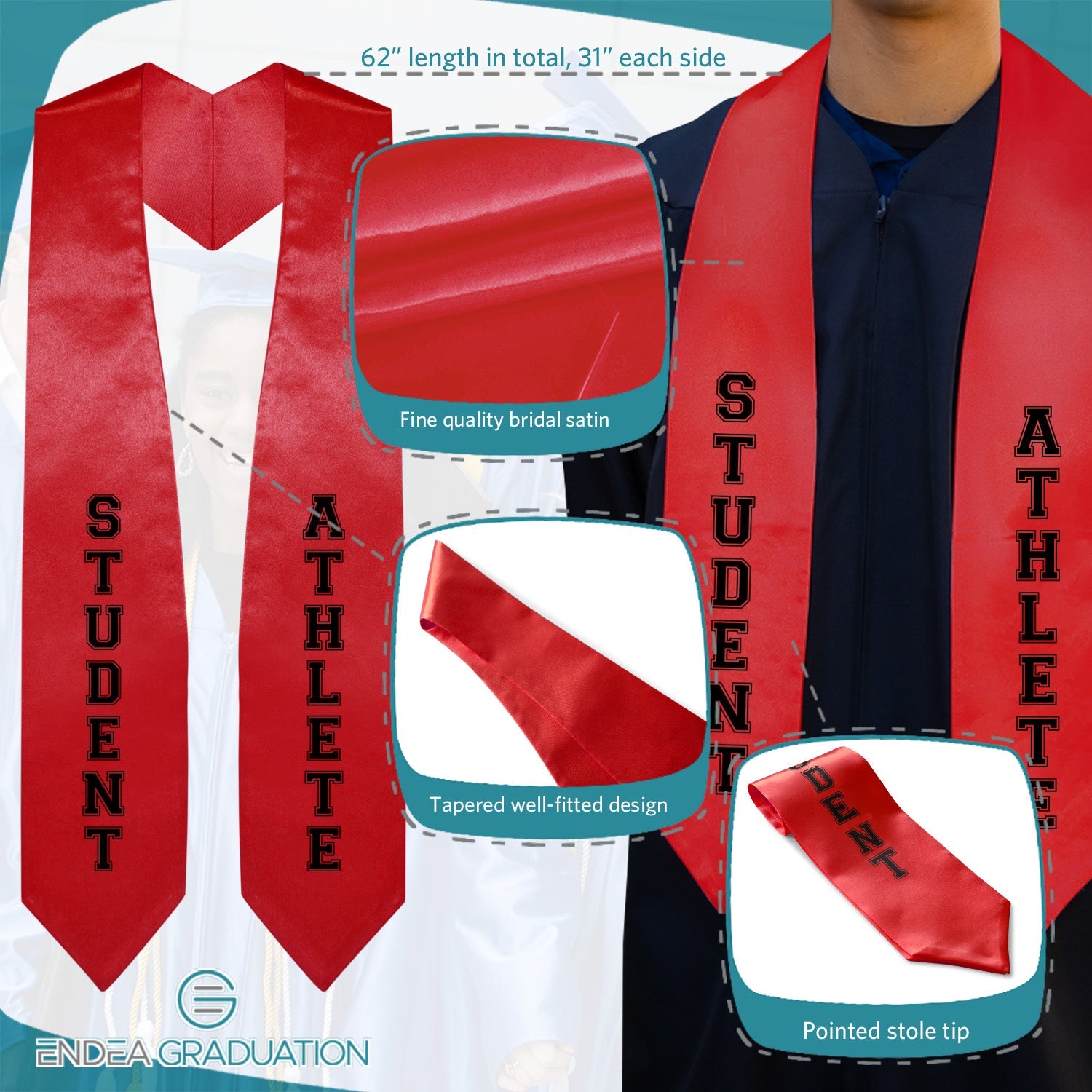 Red Student Athlete Graduate Stole/Sash with Classic Tips - Endea Graduation