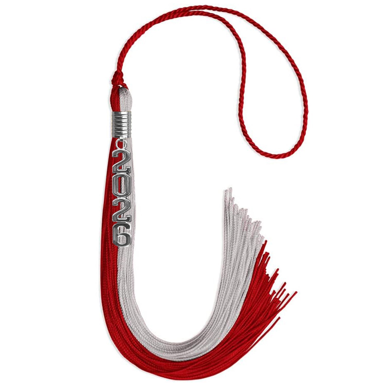 Red/Grey Graduation Tassel with Silver Stacked Date Drop - Endea Graduation