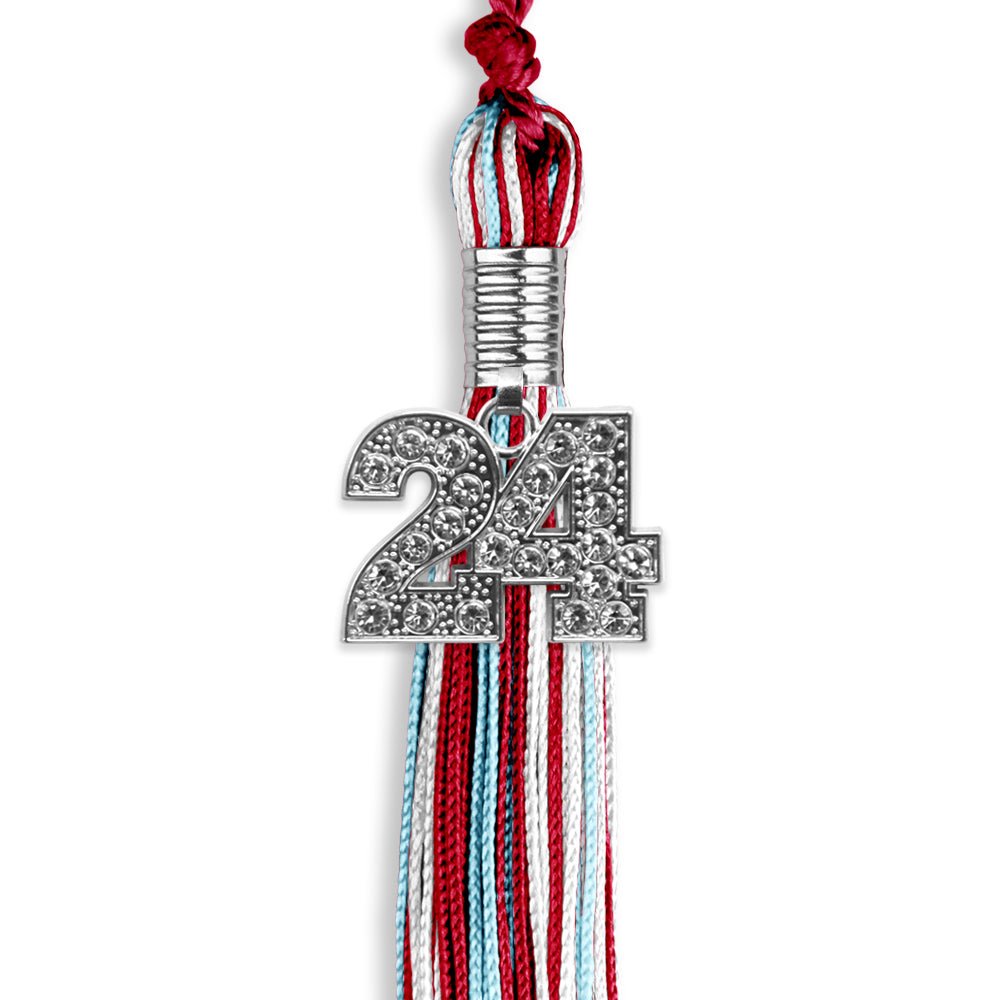 Red/Light Blue/White Mixed Color Graduation Tassel with Silver Date Drop - Endea Graduation