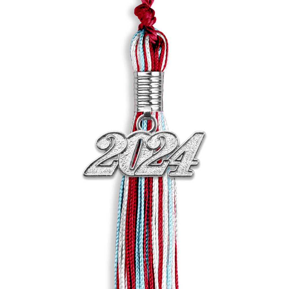 Red/Light Blue/White Mixed Color Graduation Tassel with Silver Date Drop - Endea Graduation