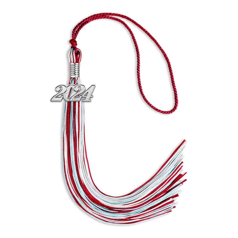 Red/Light Blue/White Mixed Color Graduation Tassel with Silver Date Drop - Endea Graduation